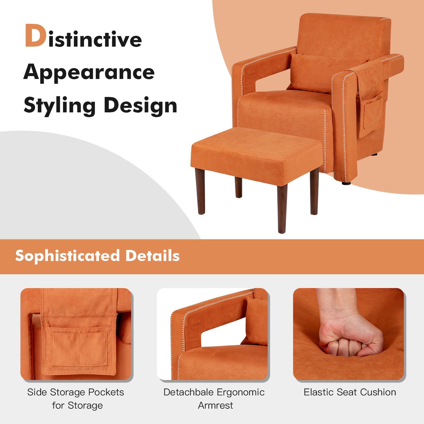Contemporary Berber Fleece Accent Chair with Ottoman and Lumbar Pillow in Orange