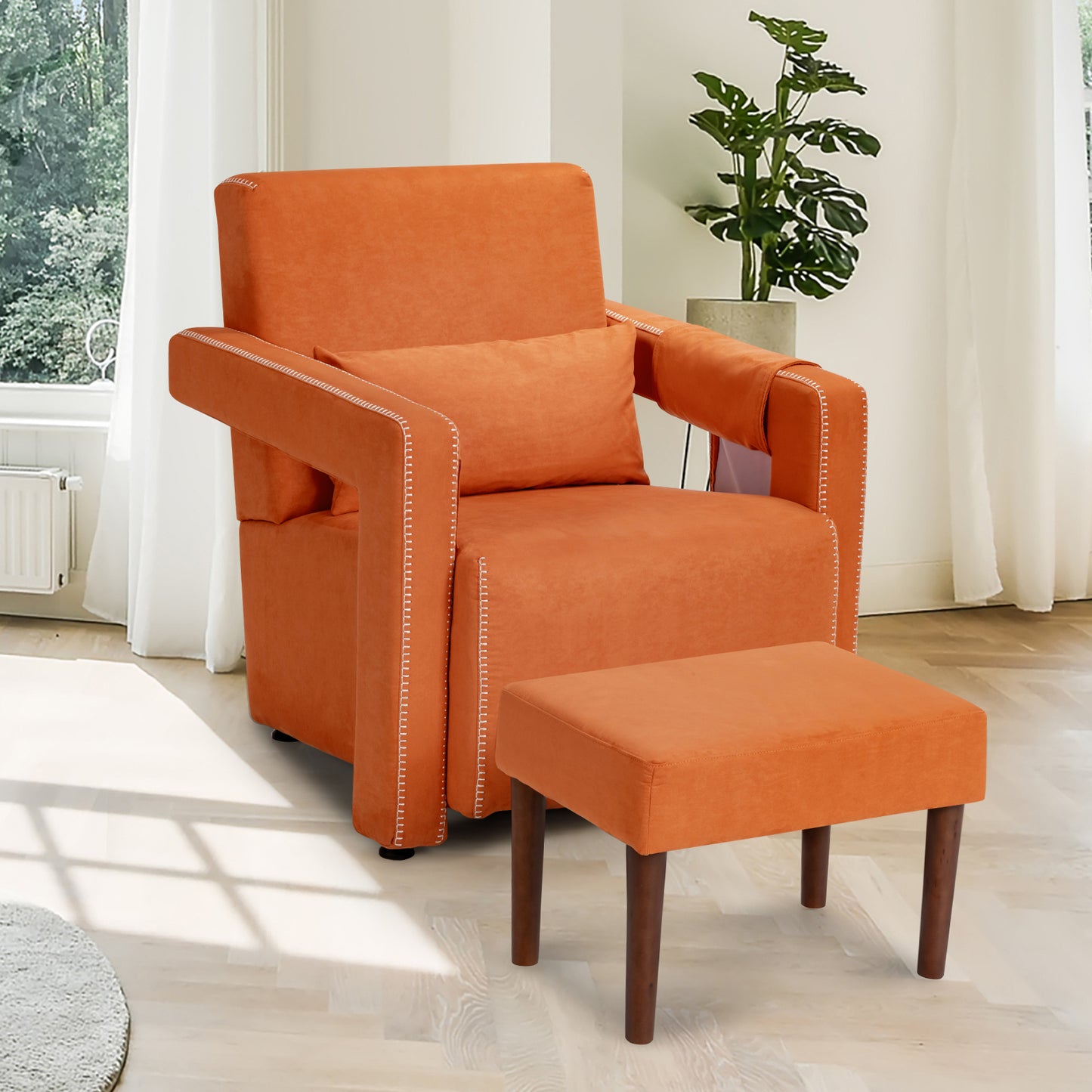 Contemporary Berber Fleece Accent Chair with Ottoman and Lumbar Pillow in Orange