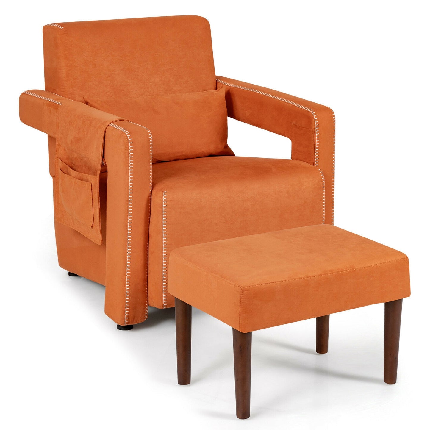 Contemporary Berber Fleece Accent Chair with Ottoman and Lumbar Pillow in Orange