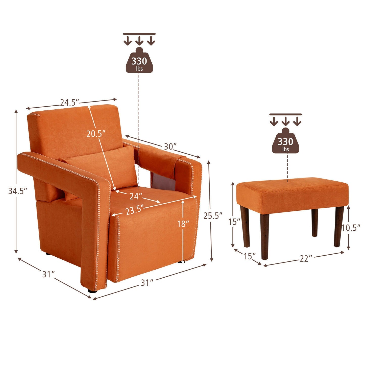 Contemporary Berber Fleece Accent Chair with Ottoman and Lumbar Pillow in Orange