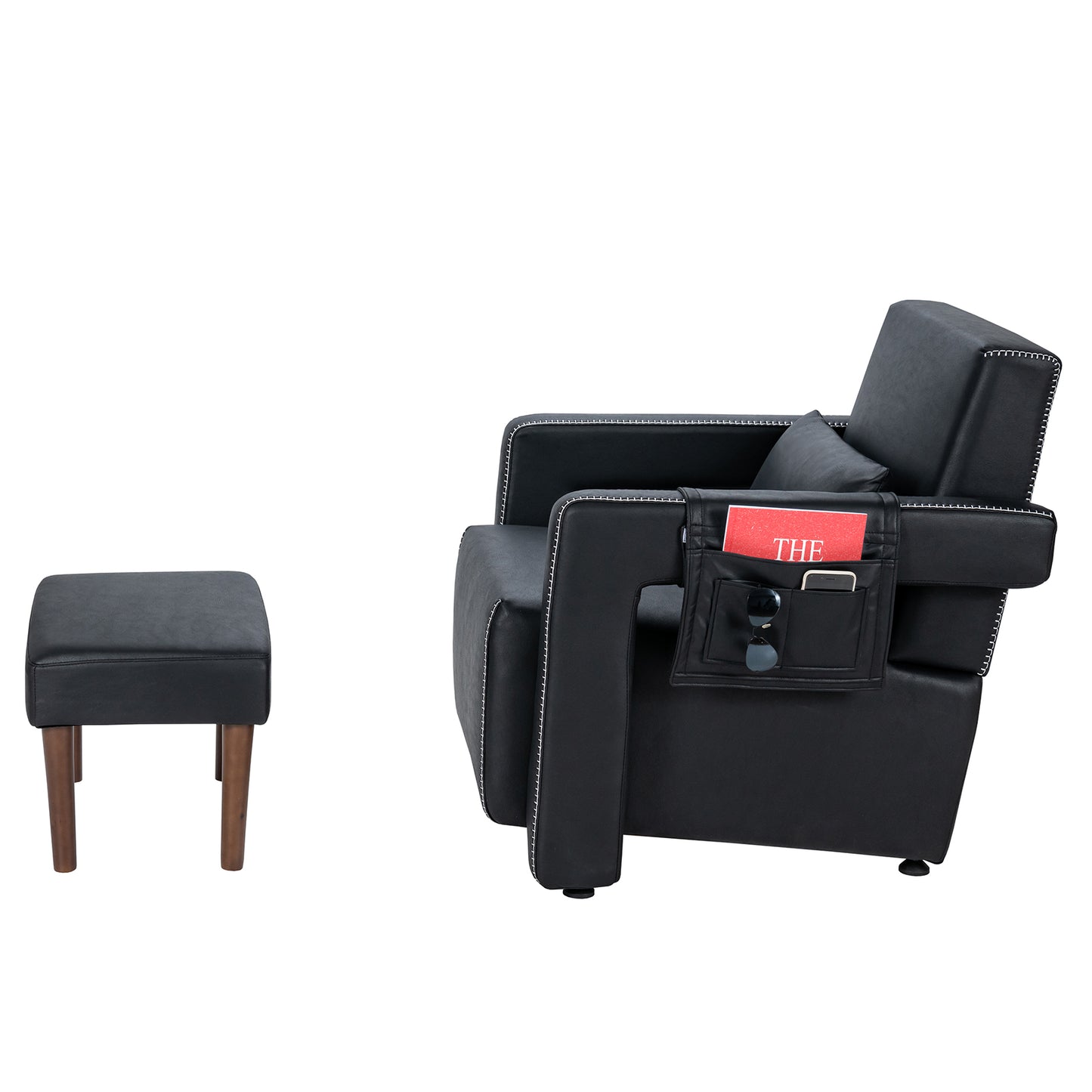 Contemporary Berber Fleece Accent Chair with Ottoman and Lumbar Pillow in Black