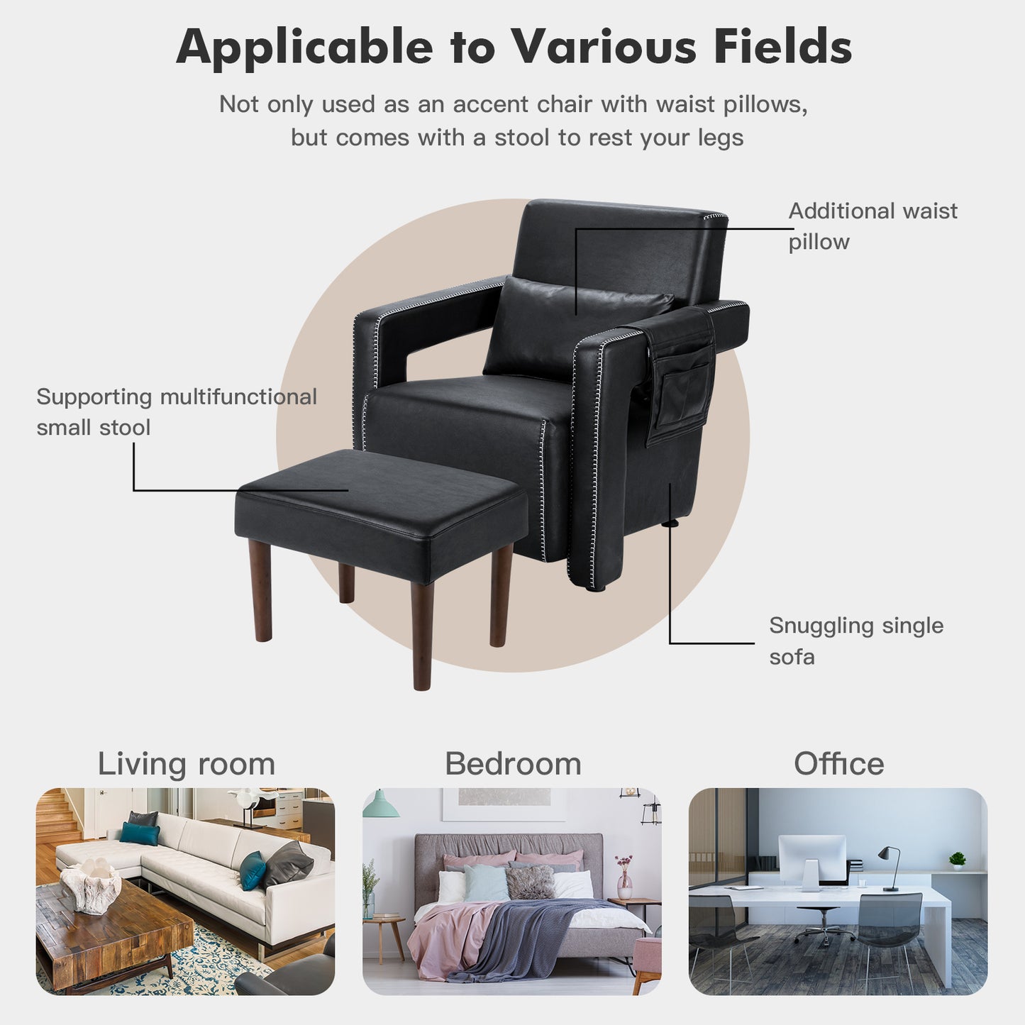 Contemporary Berber Fleece Accent Chair with Ottoman and Lumbar Pillow in Black