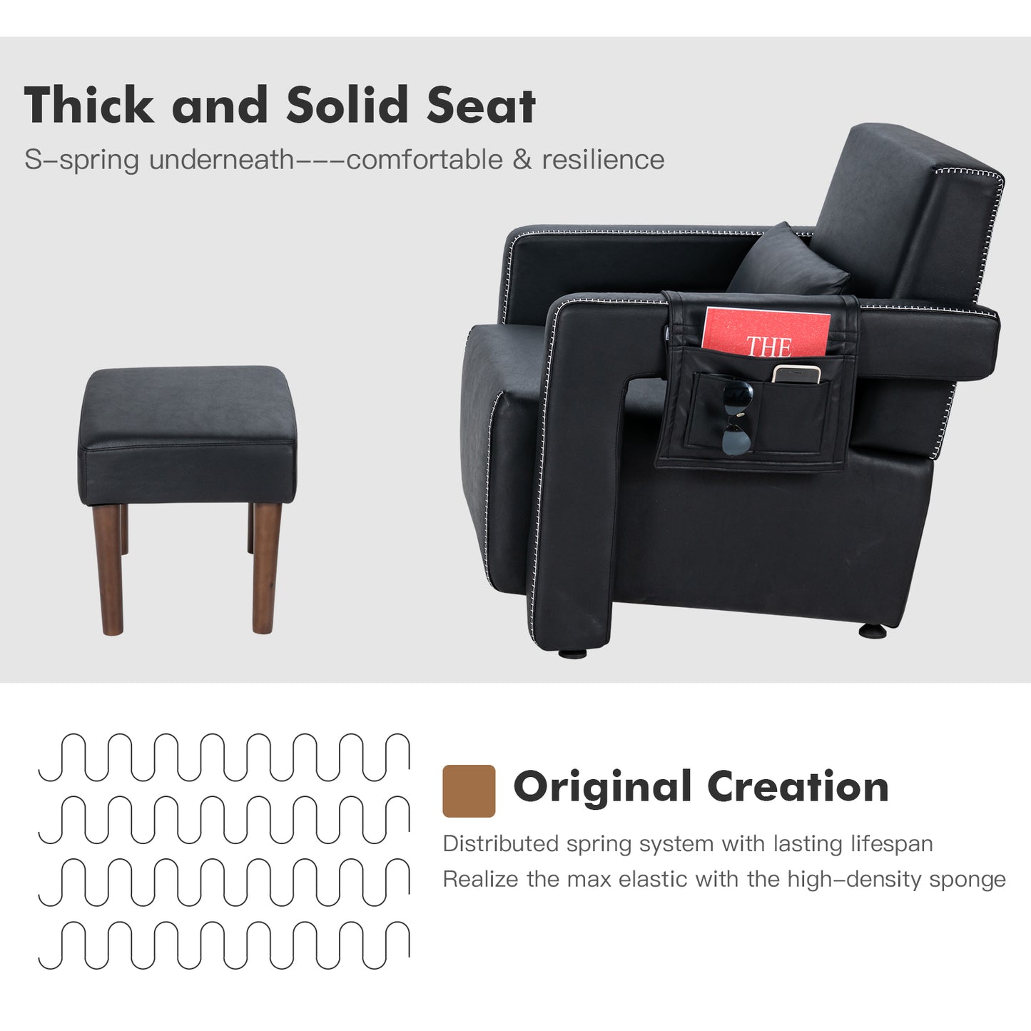 Contemporary Berber Fleece Accent Chair with Ottoman and Lumbar Pillow in Black