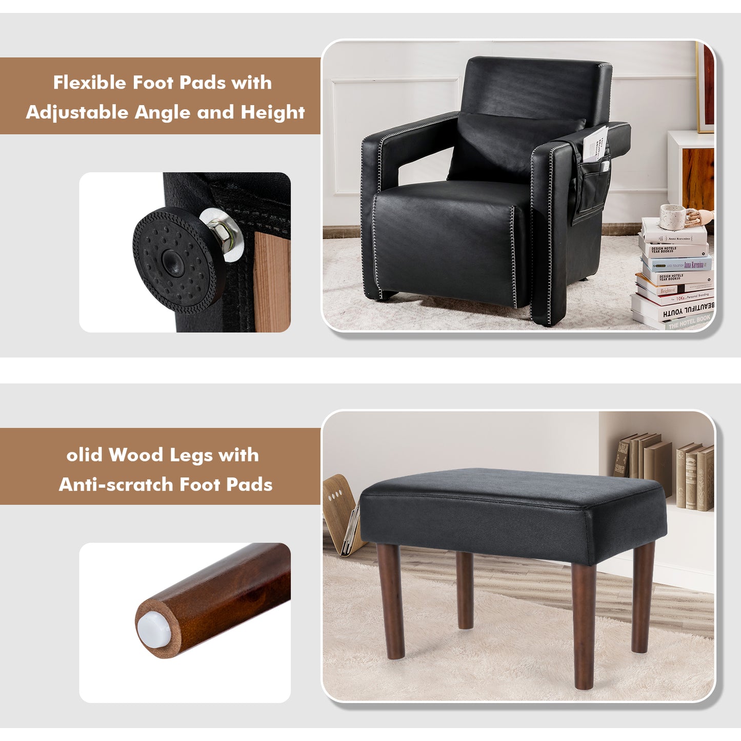 Contemporary Berber Fleece Accent Chair with Ottoman and Lumbar Pillow in Black