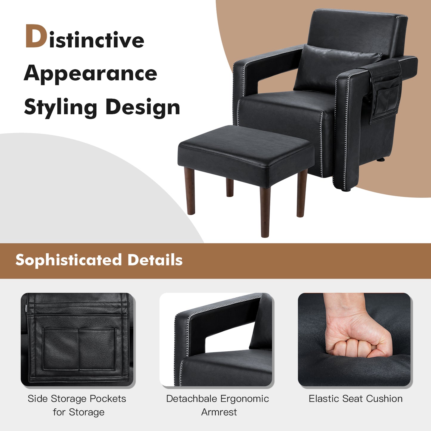 Contemporary Berber Fleece Accent Chair with Ottoman and Lumbar Pillow in Black