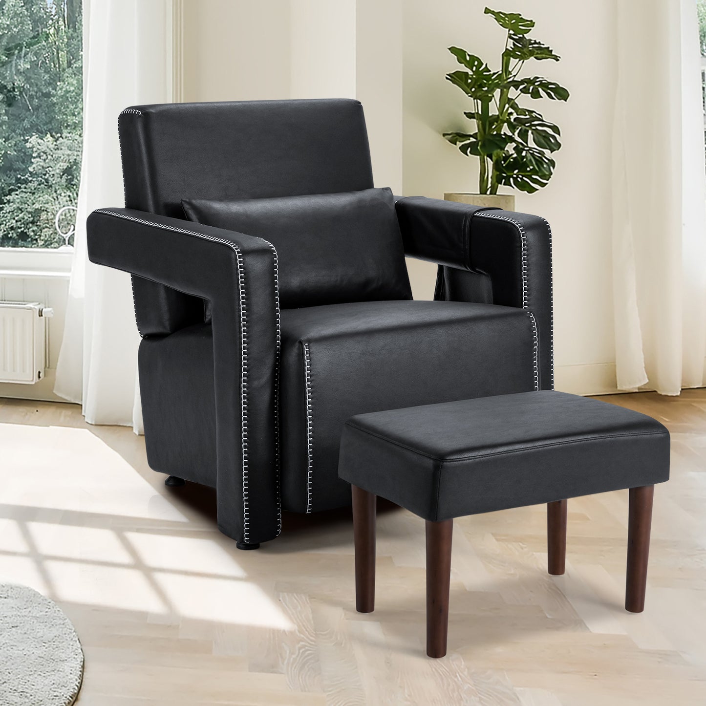 Contemporary Berber Fleece Accent Chair with Ottoman and Lumbar Pillow in Black