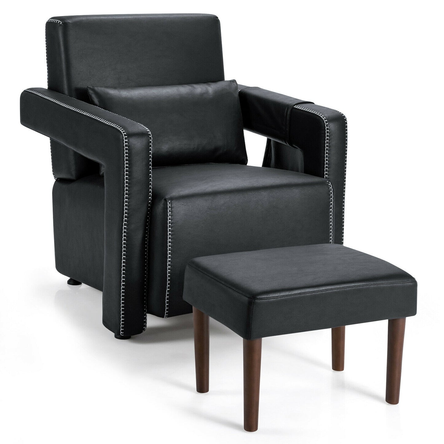 Contemporary Berber Fleece Accent Chair with Ottoman and Lumbar Pillow in Black