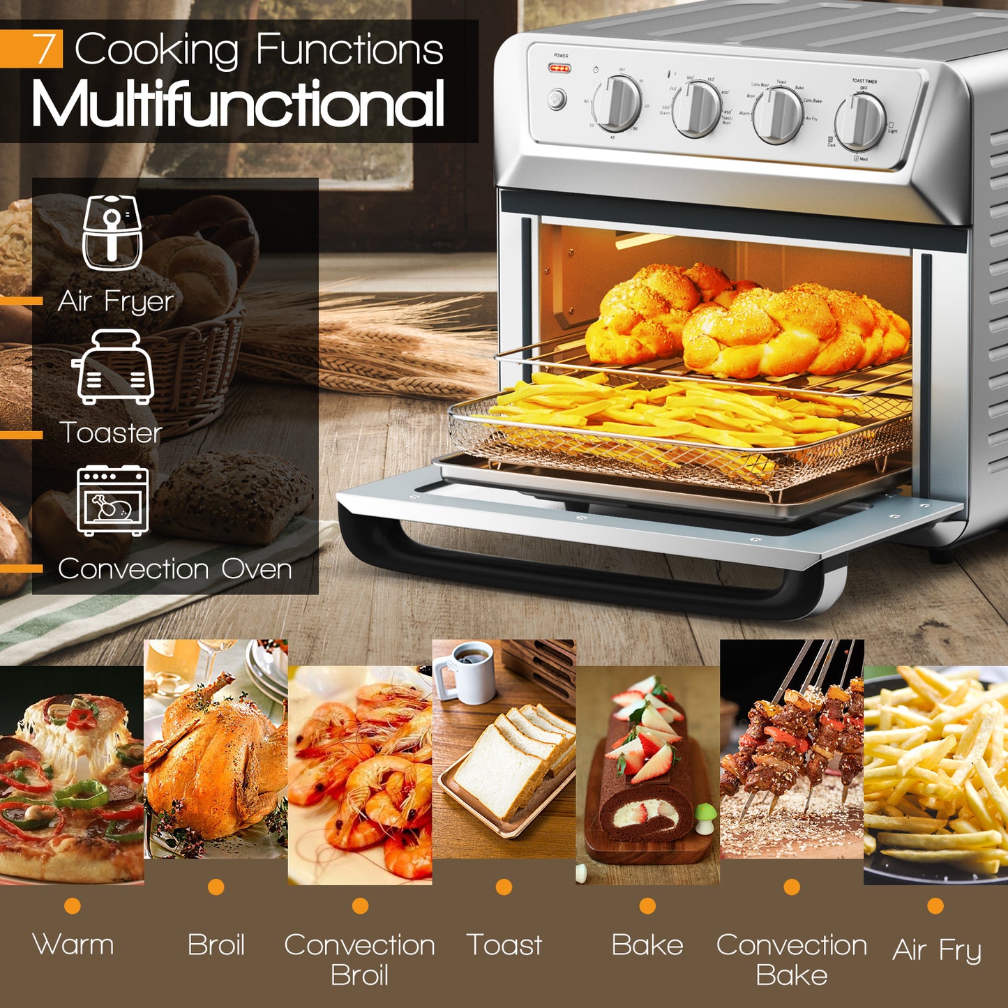 21.5QT 1800W Convection Air Fryer Toaster Oven with Recipe Book