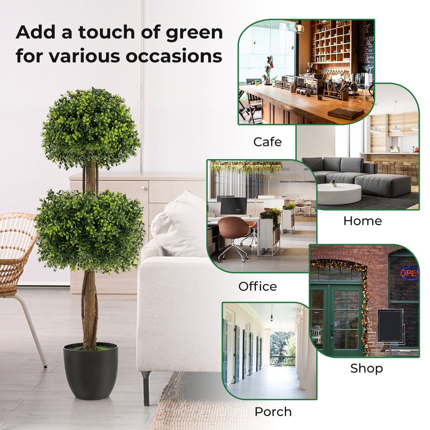 40 Inch Double Ball Artificial Boxwood Topiary Tree for Home & Garden Decor