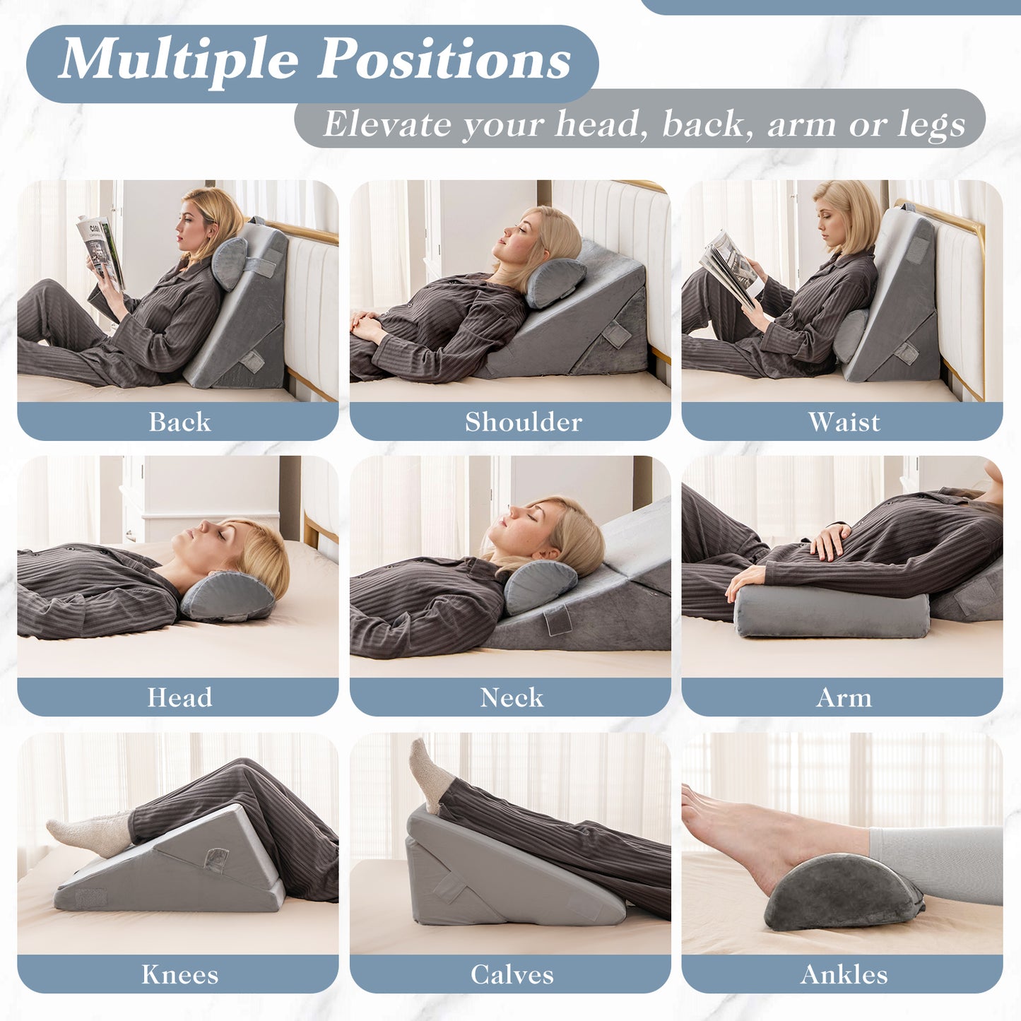 3 Piece Adjustable Bed Wedge Pillow Set with Air Memory Foam for Ultimate Comfort - Grey