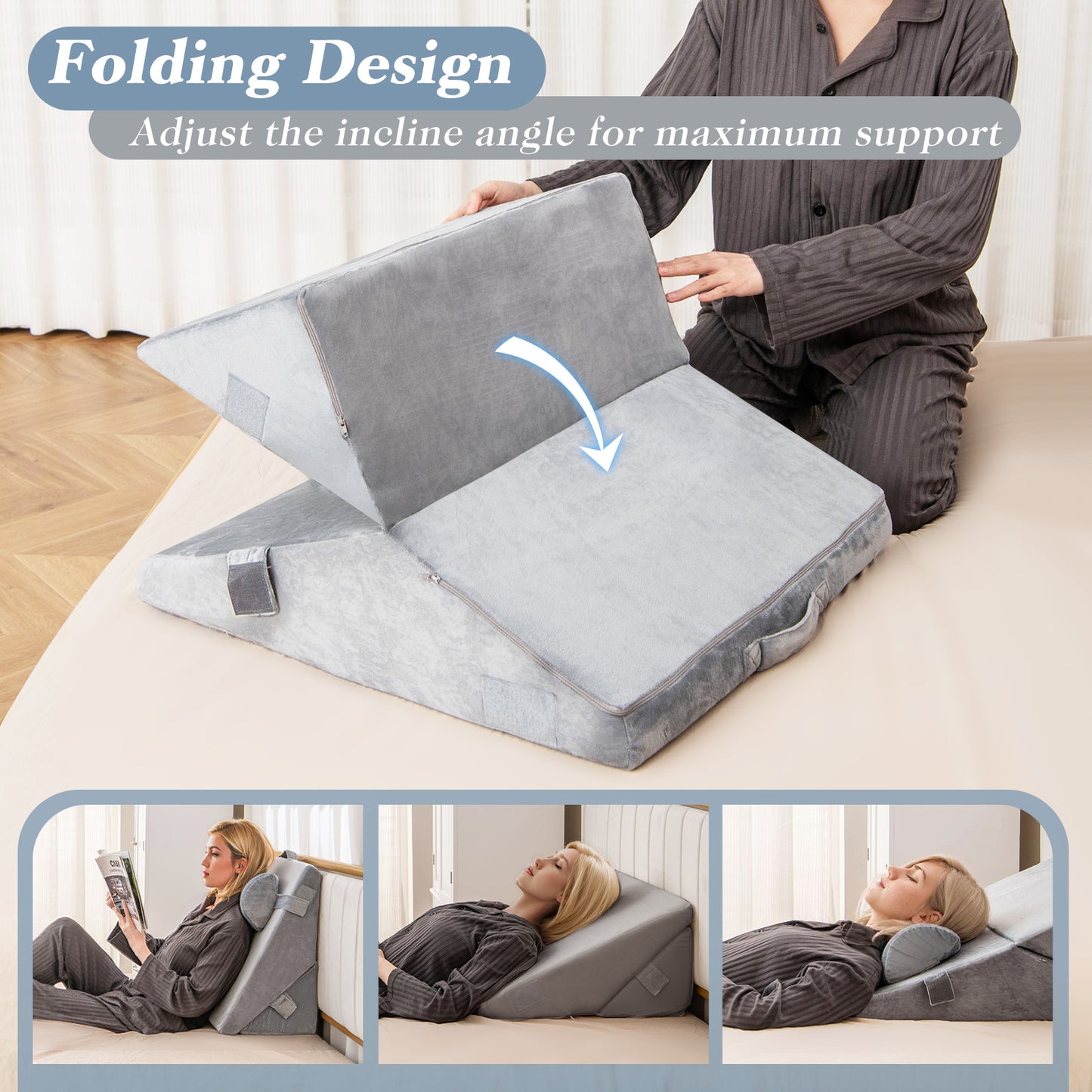 3 Piece Adjustable Bed Wedge Pillow Set with Air Memory Foam for Ultimate Comfort - Grey