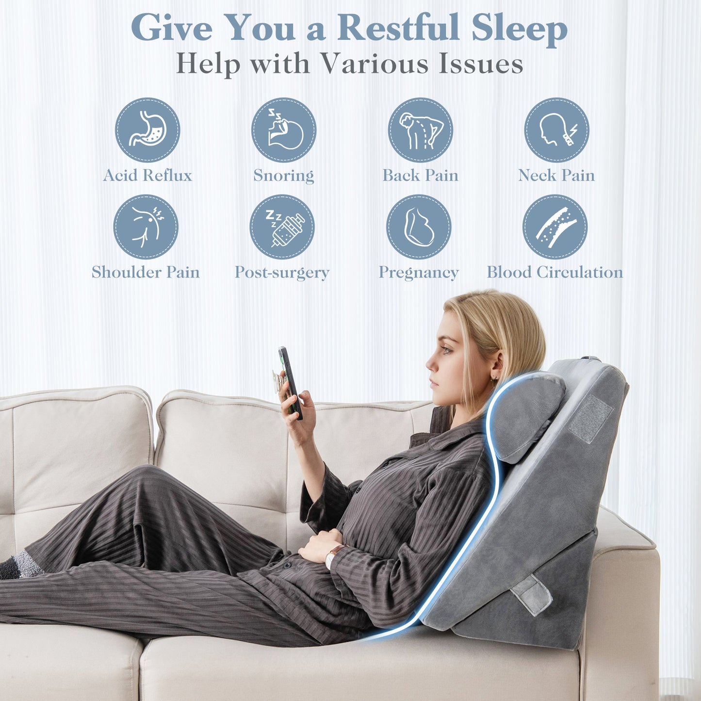 3 Piece Adjustable Bed Wedge Pillow Set with Air Memory Foam for Ultimate Comfort - Grey