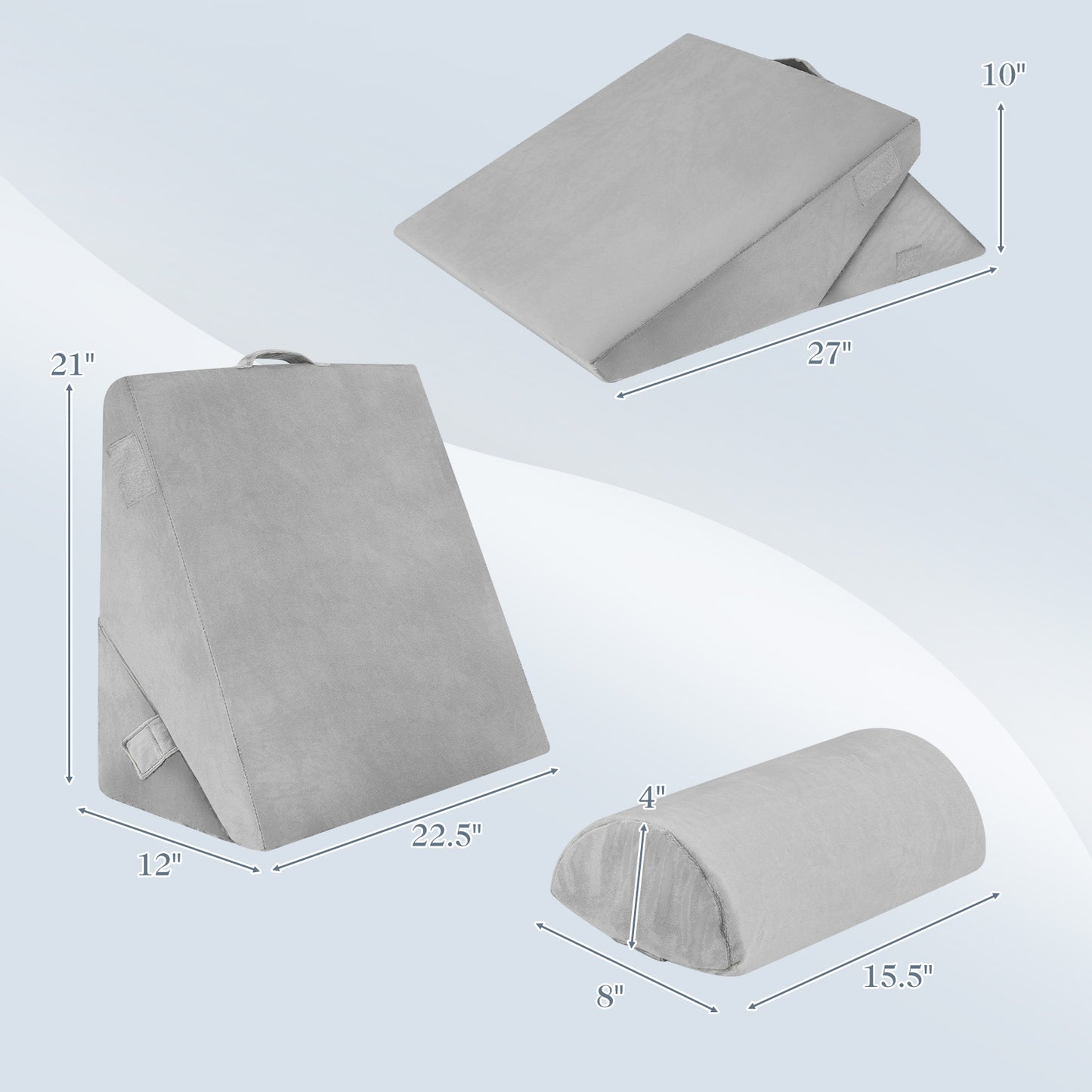 3 Piece Adjustable Bed Wedge Pillow Set with Air Memory Foam for Ultimate Comfort - Grey