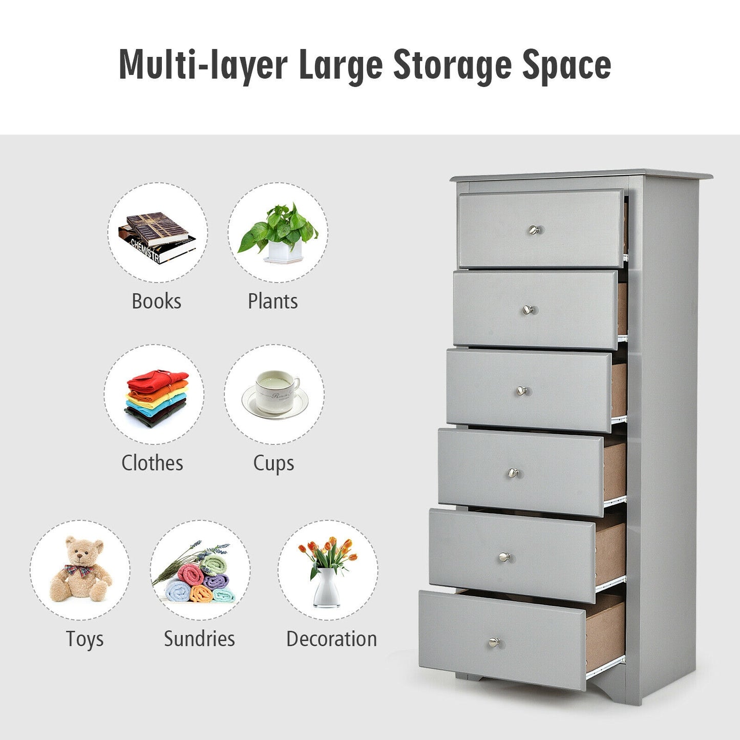 Modern 6 Drawer Bedroom Dresser Cabinet with Vertical Storage – Grey