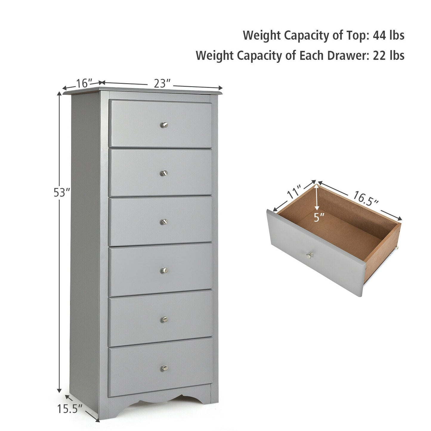 Modern 6 Drawer Bedroom Dresser Cabinet with Vertical Storage – Grey