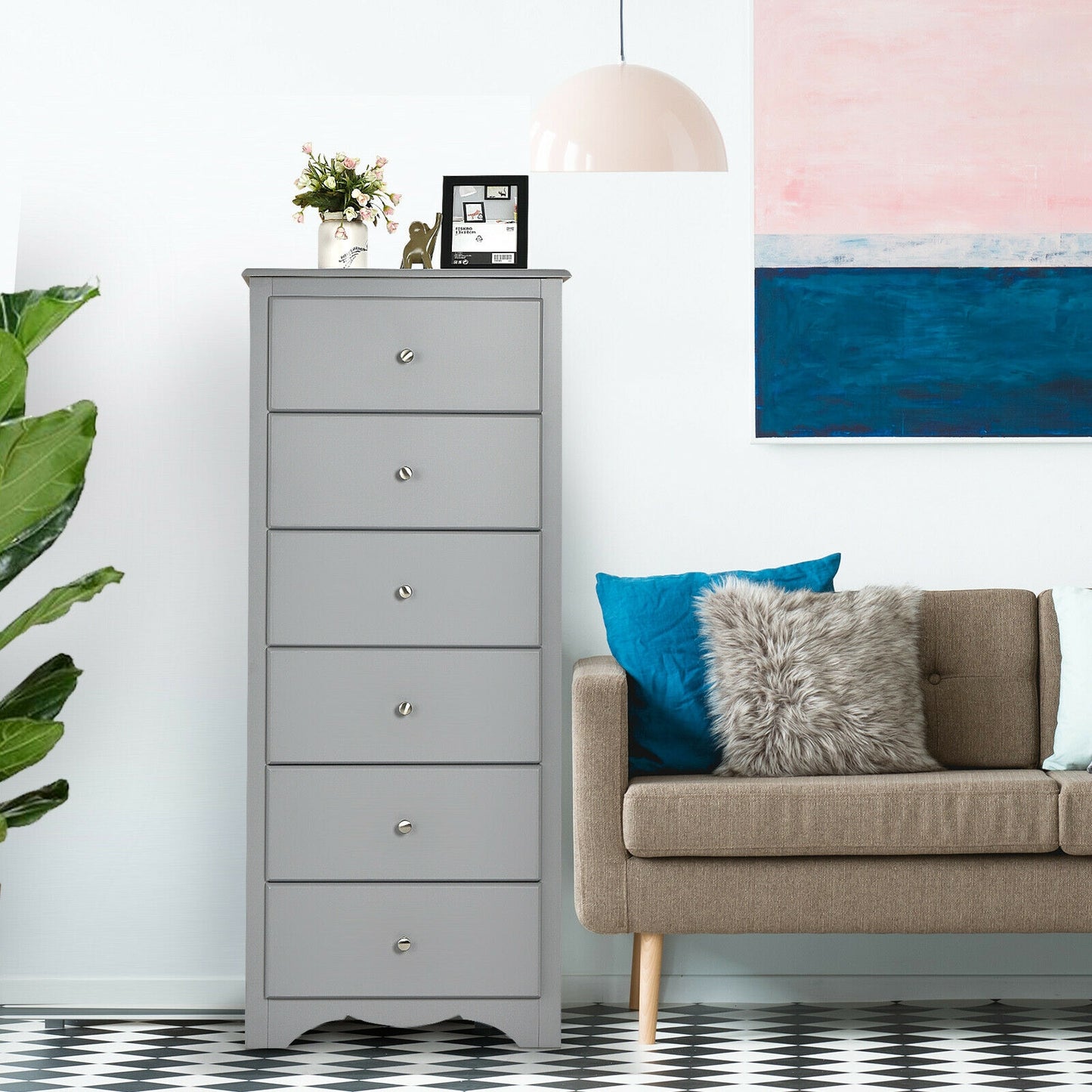 Modern 6 Drawer Bedroom Dresser Cabinet with Vertical Storage – Grey