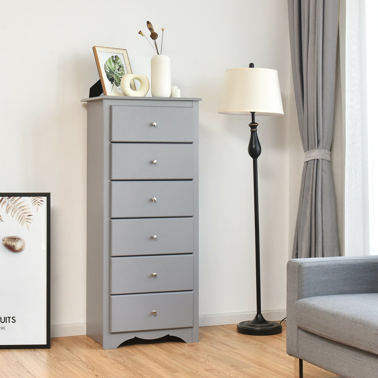Modern 6 Drawer Bedroom Dresser Cabinet with Vertical Storage – Grey