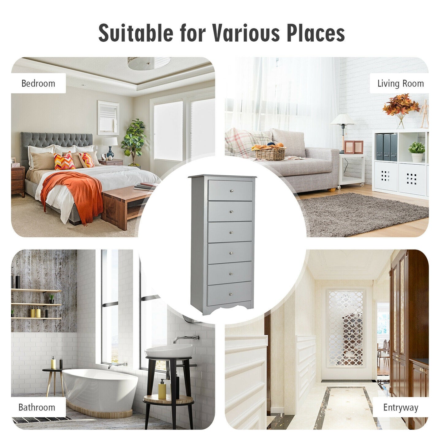 Modern 6 Drawer Bedroom Dresser Cabinet with Vertical Storage – Grey