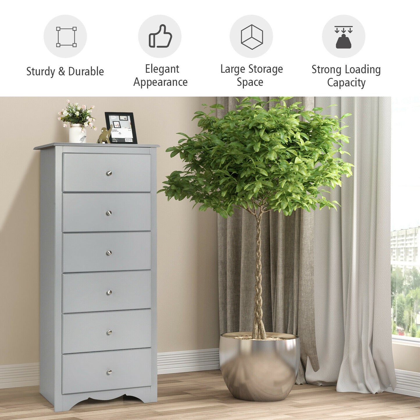 Modern 6 Drawer Bedroom Dresser Cabinet with Vertical Storage – Grey
