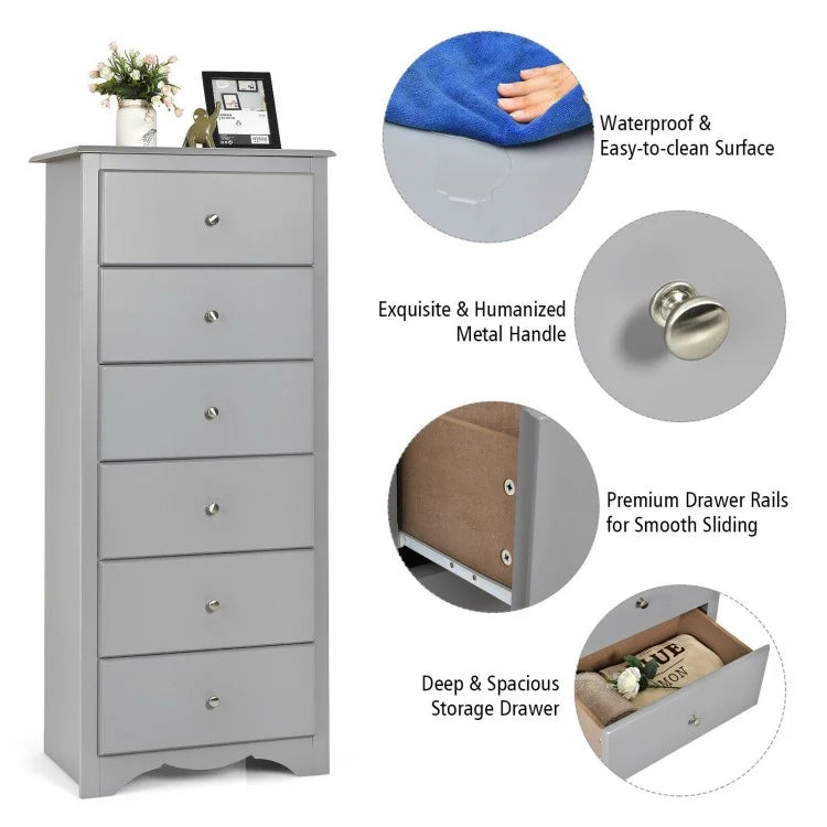 Modern 6 Drawer Bedroom Dresser Cabinet with Vertical Storage – Grey