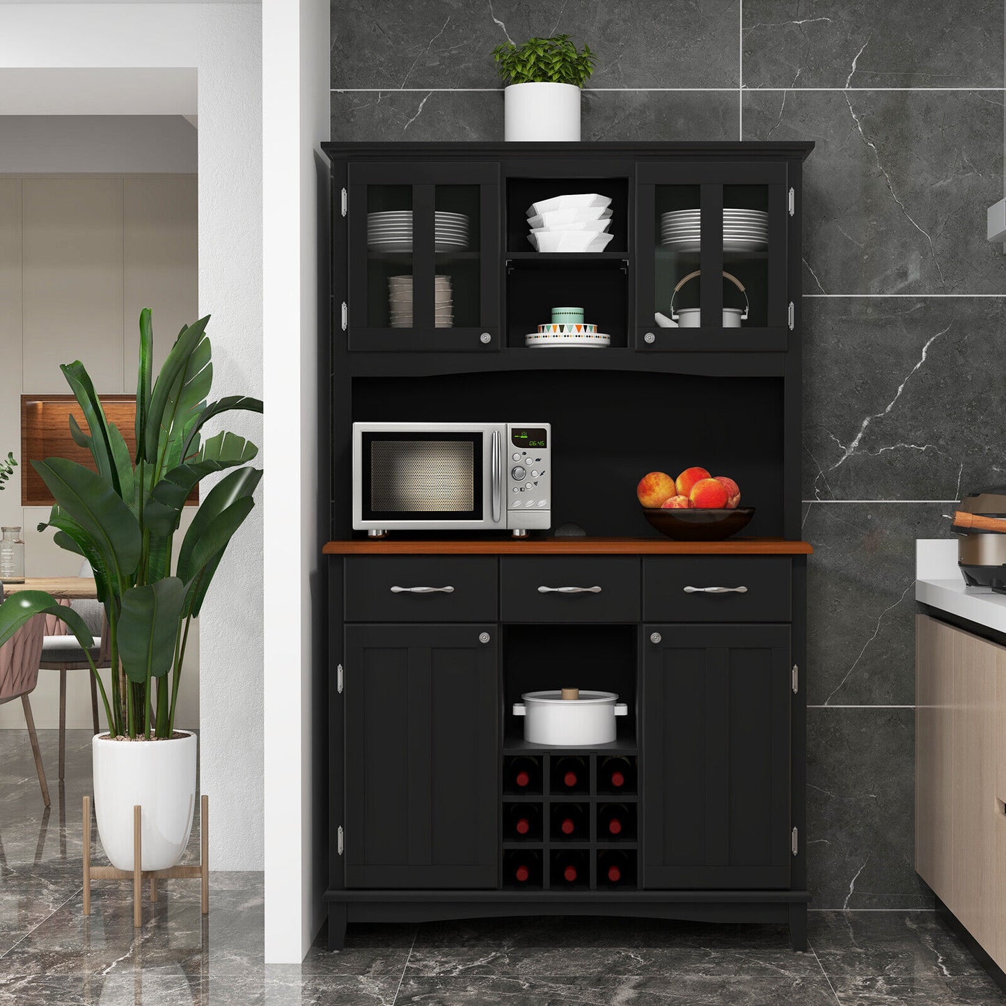 Modern Buffet Hutch with Glass Doors Wine Rack and Storage Drawers for Kitchen or Dining Room - Black