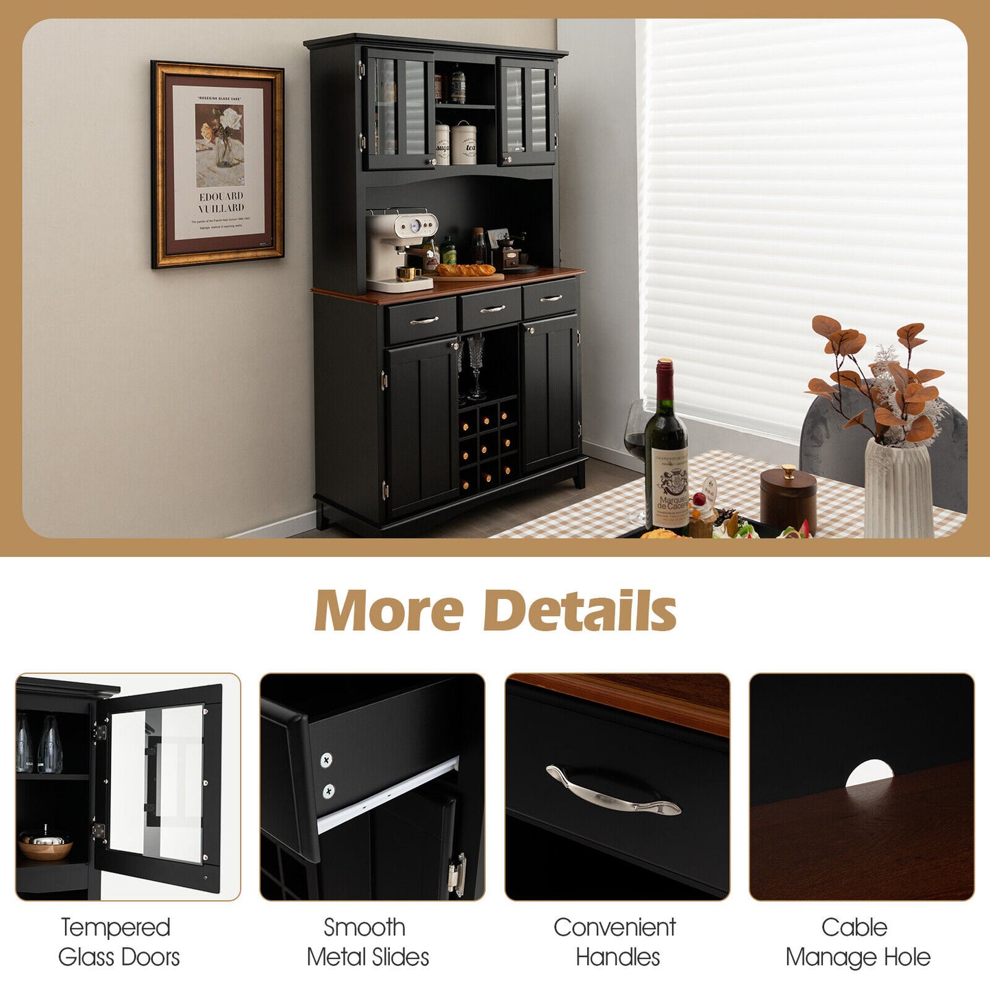 Modern Buffet Hutch with Glass Doors Wine Rack and Storage Drawers for Kitchen or Dining Room - Black