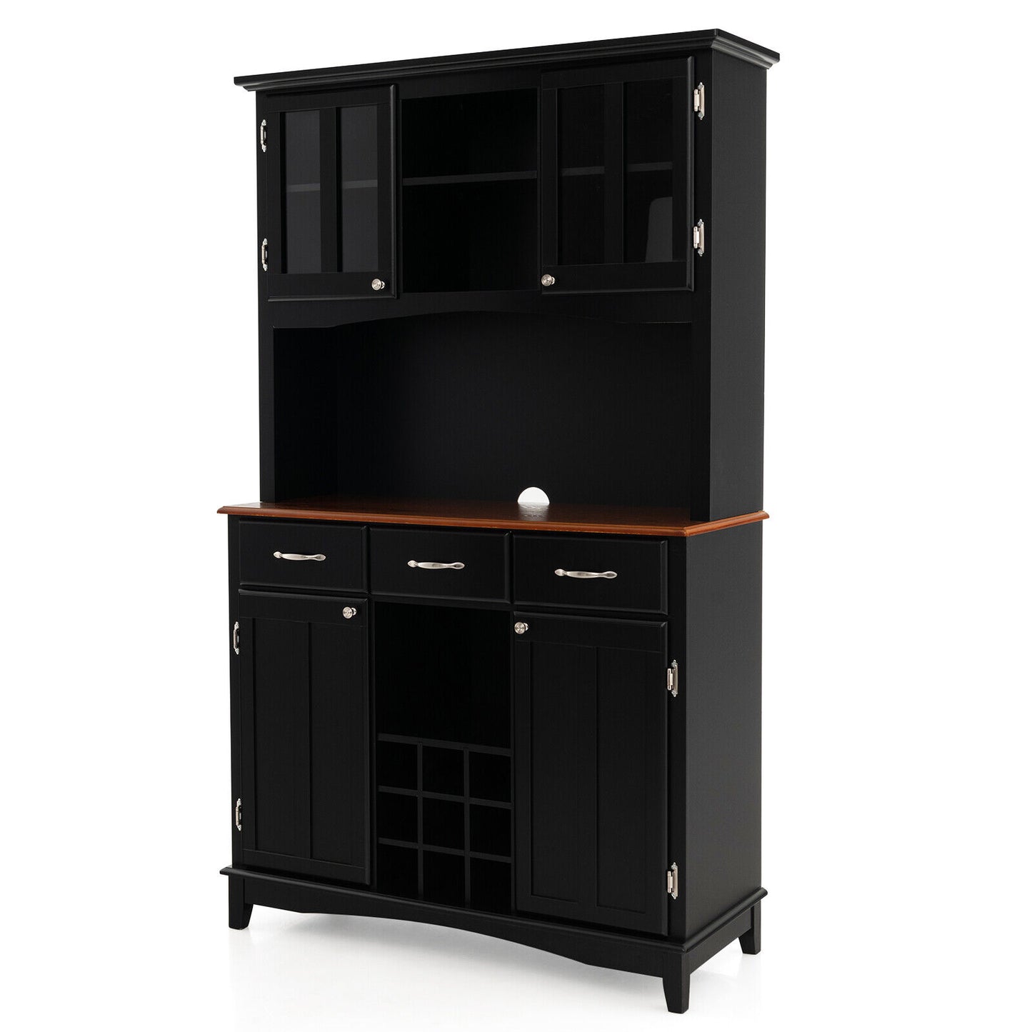 Modern Buffet Hutch with Glass Doors Wine Rack and Storage Drawers for Kitchen or Dining Room - Black
