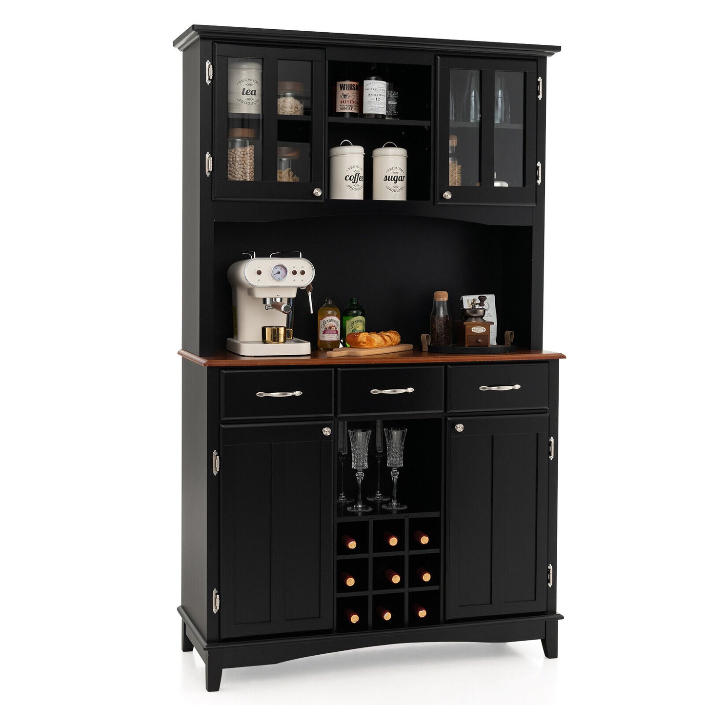 Modern Buffet Hutch with Glass Doors Wine Rack and Storage Drawers for Kitchen or Dining Room - Black
