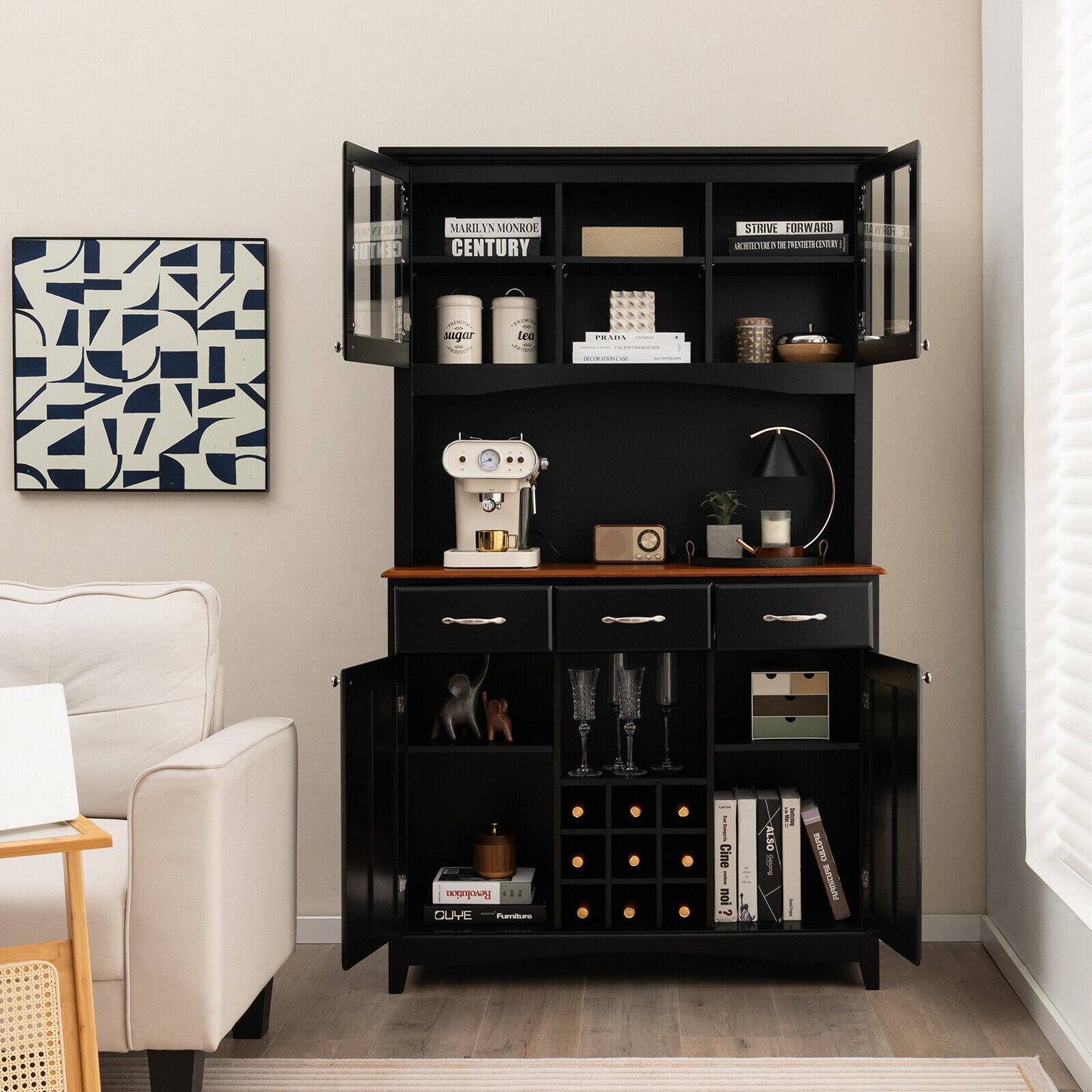 Modern Buffet Hutch with Glass Doors Wine Rack and Storage Drawers for Kitchen or Dining Room - Black