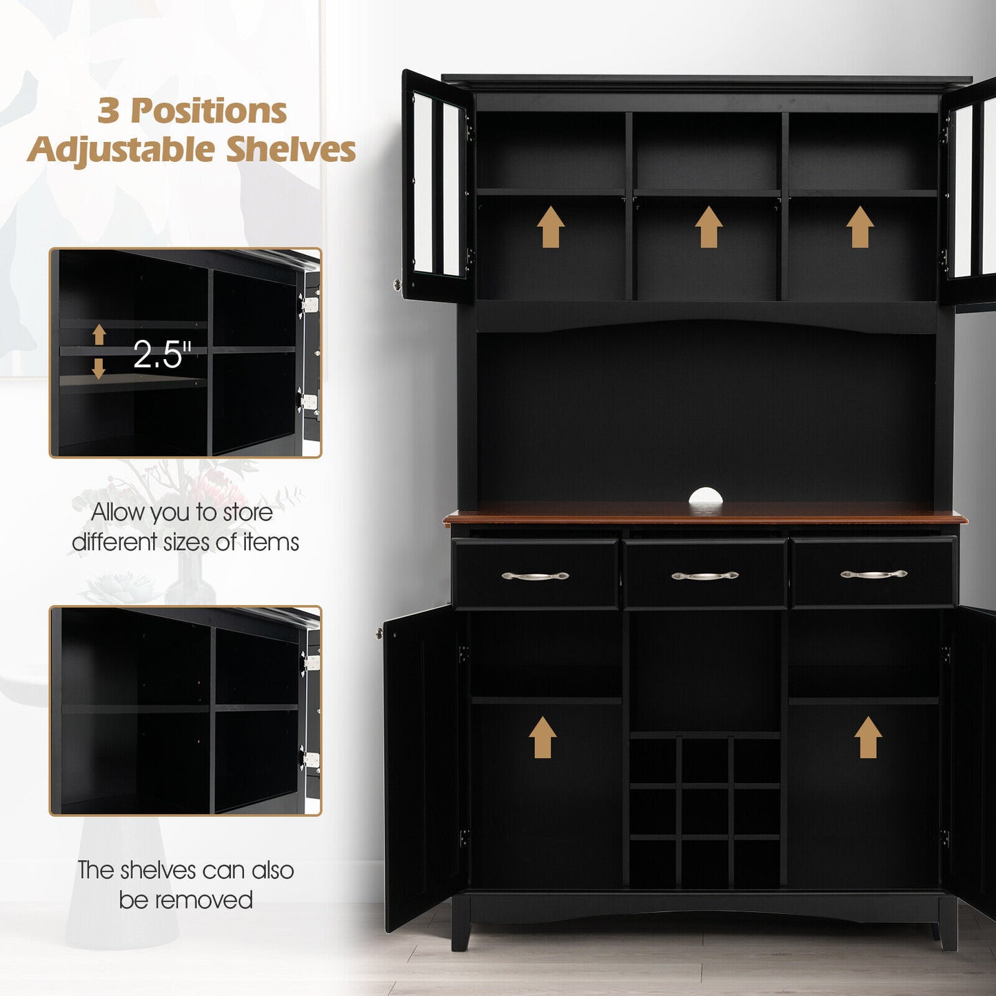Modern Buffet Hutch with Glass Doors Wine Rack and Storage Drawers for Kitchen or Dining Room - Black