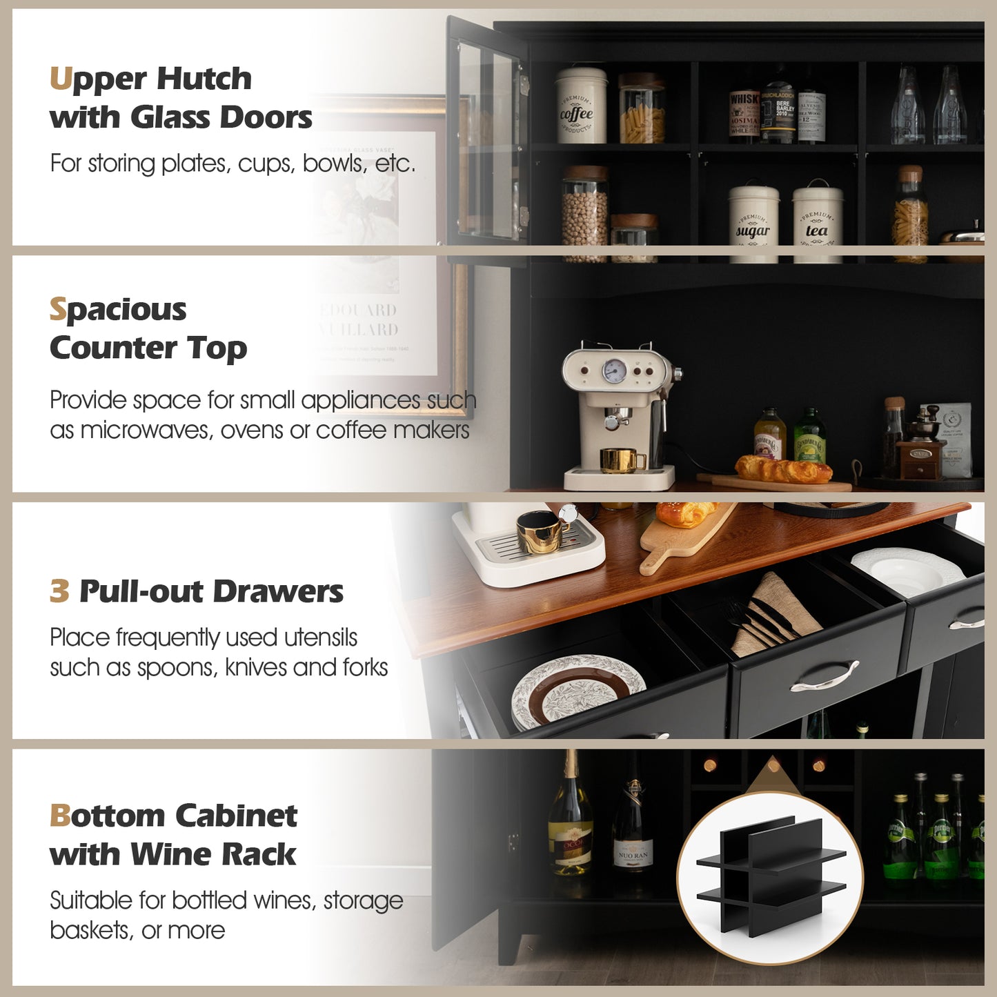 Modern Buffet Hutch with Glass Doors Wine Rack and Storage Drawers for Kitchen or Dining Room - Black