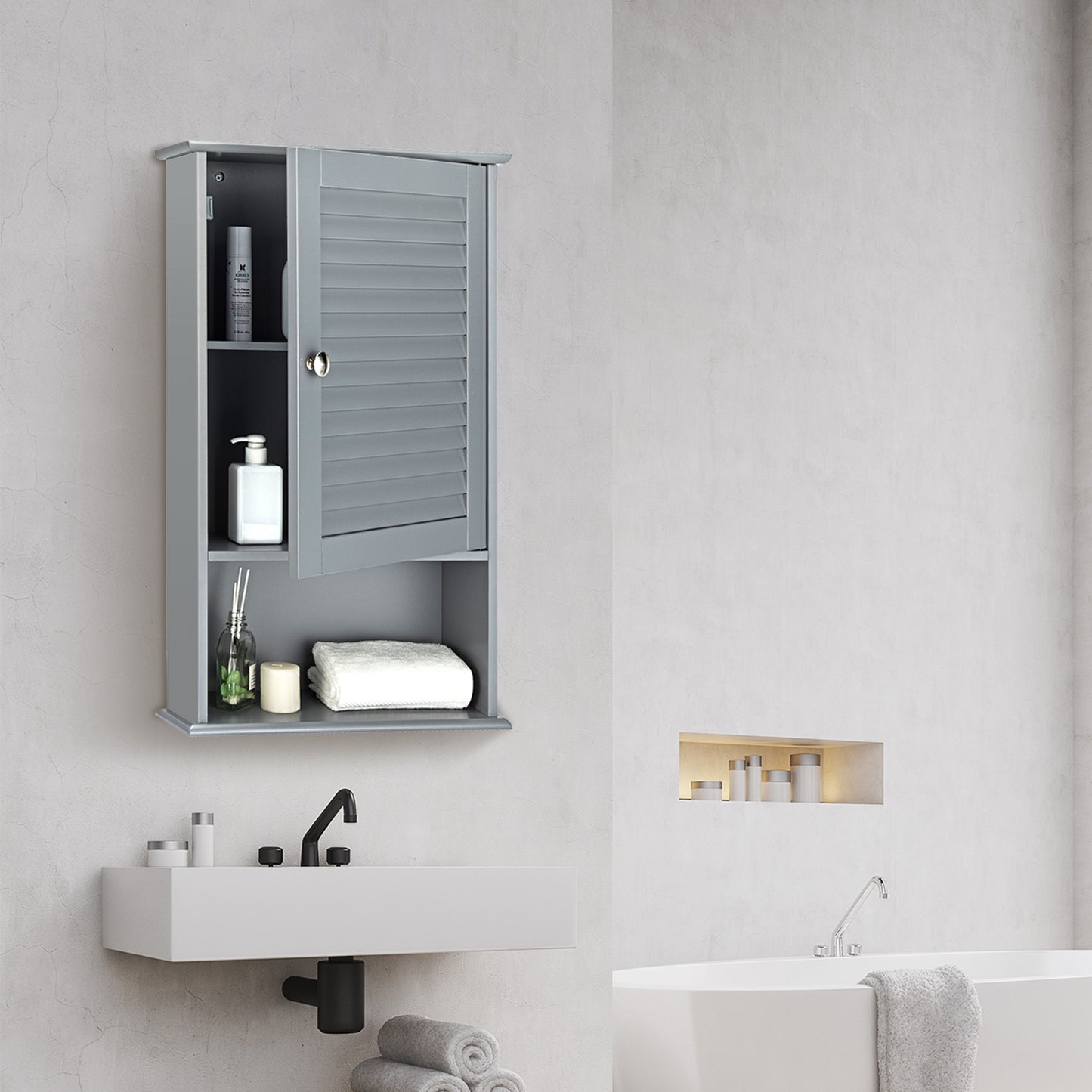 Modern Wall-Mounted Bathroom Storage Cabinet with Louver Door