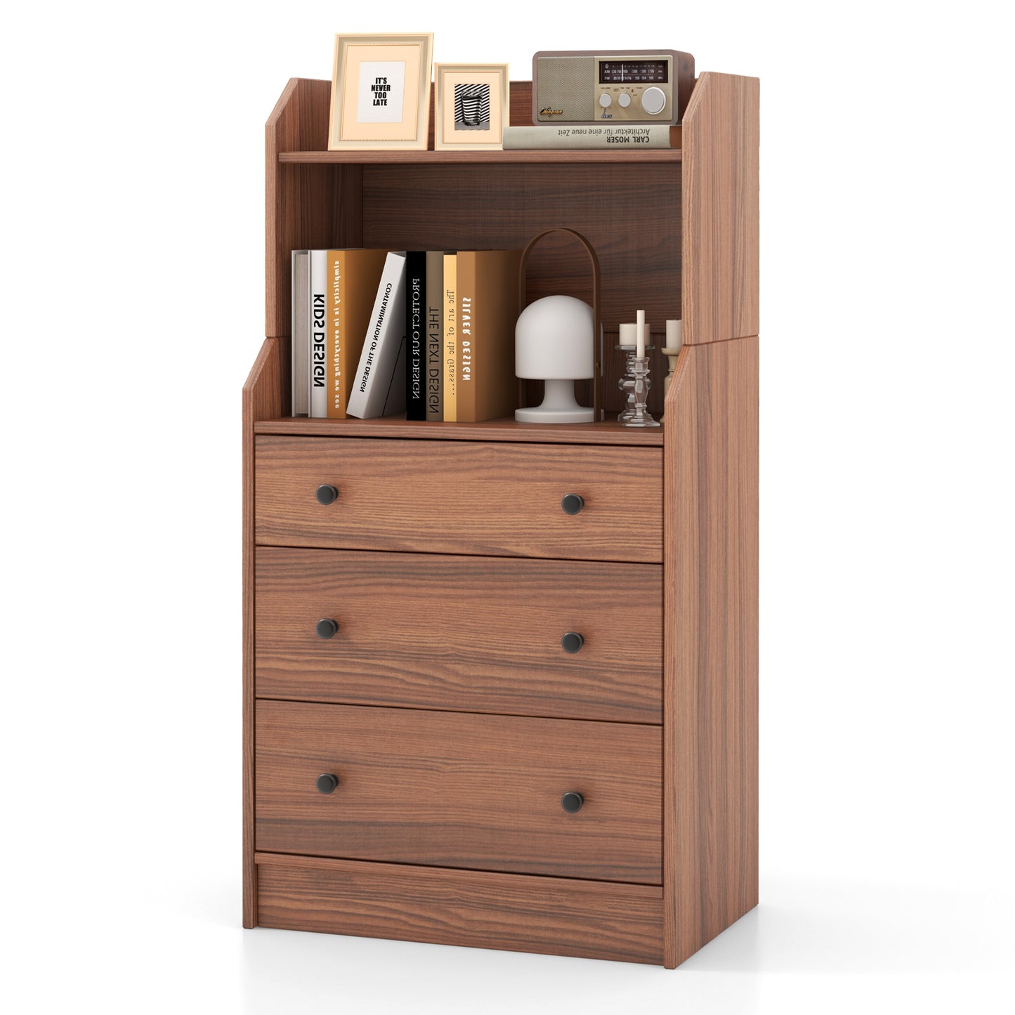 Tall 3 Drawer Storage Cabinet with Open Shelves and Anti-Tip Safety in Walnut