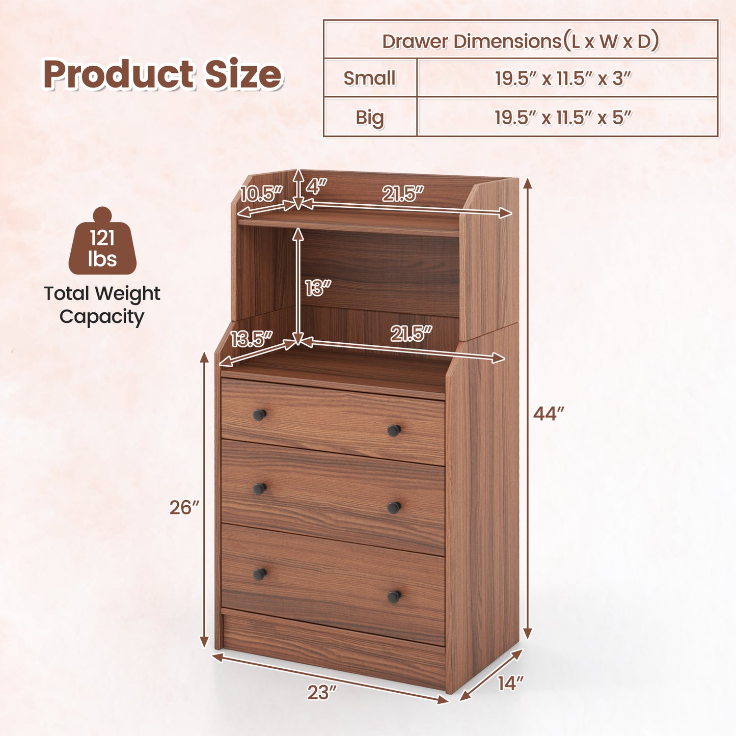 Tall 3 Drawer Storage Cabinet with Open Shelves and Anti-Tip Safety in Walnut
