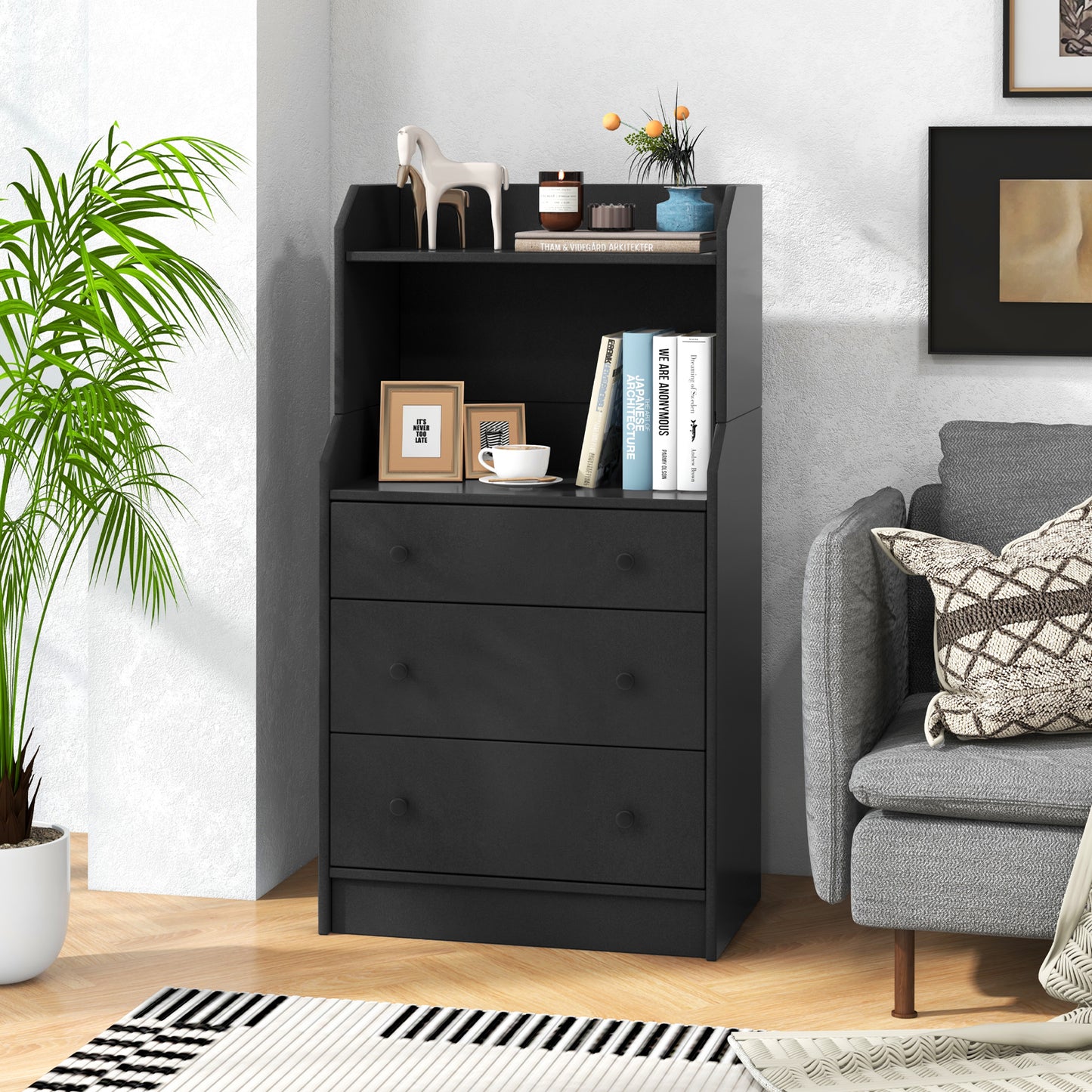 Tall 3 Drawer Storage Cabinet with Open Shelves and Anti-Tip Safety in Black
