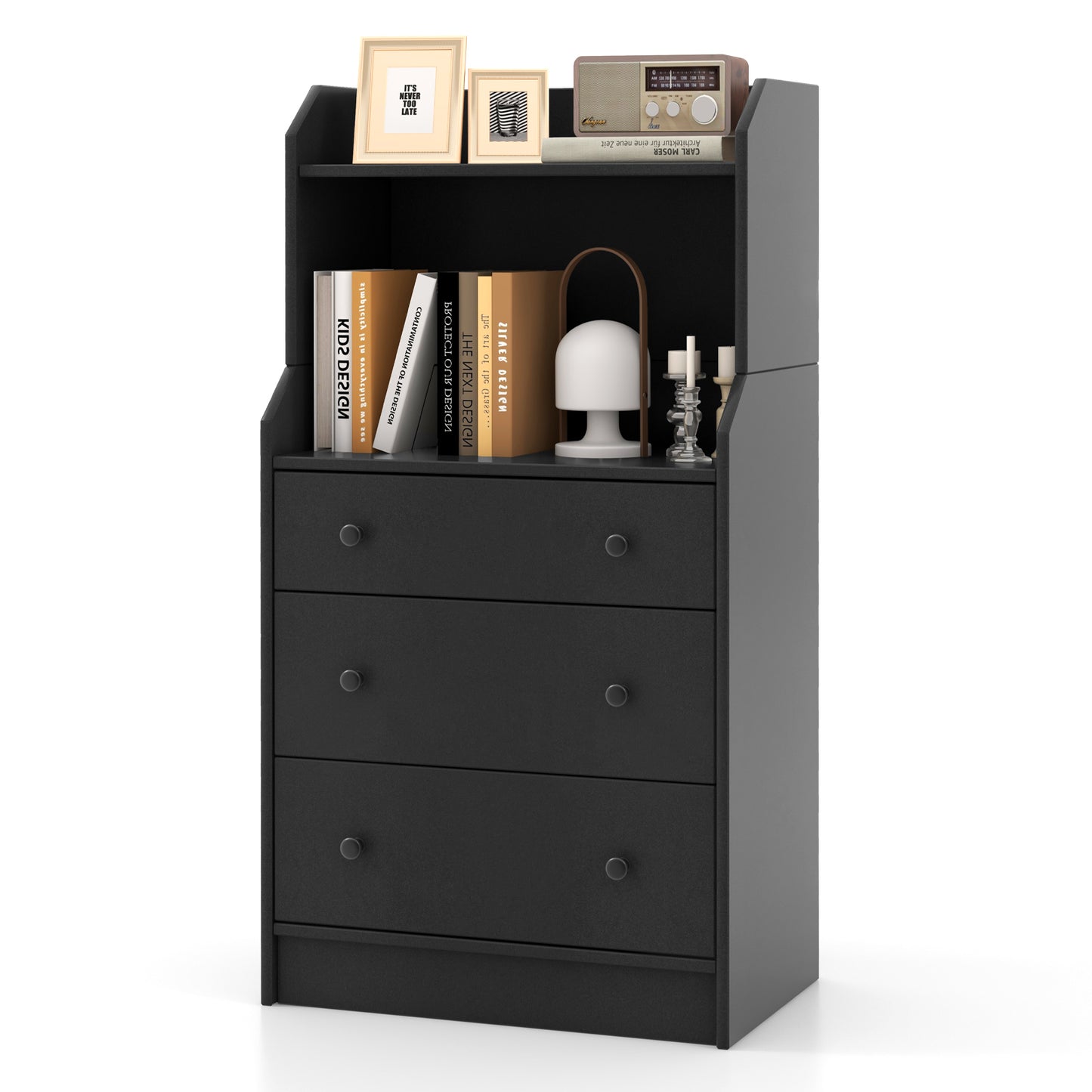 Tall 3 Drawer Storage Cabinet with Open Shelves and Anti-Tip Safety in Black