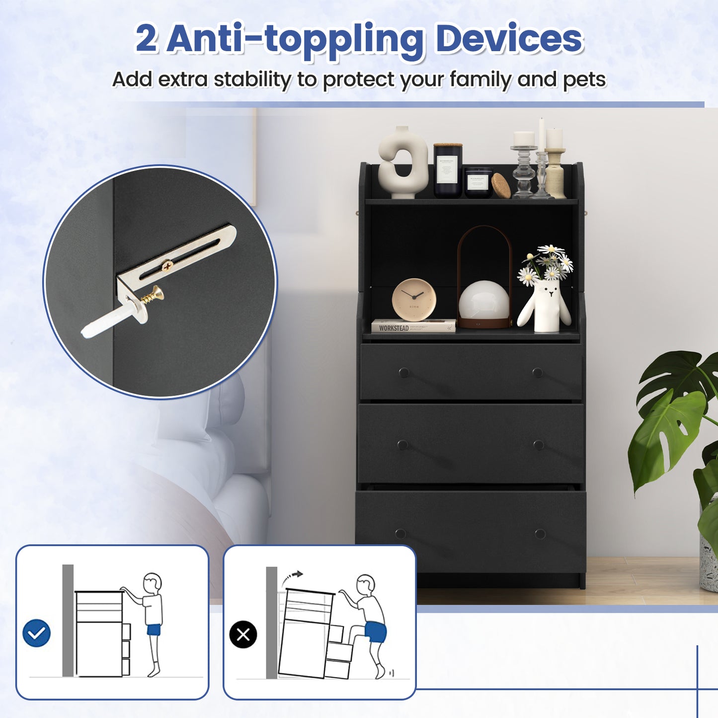 Tall 3 Drawer Storage Cabinet with Open Shelves and Anti-Tip Safety in Black