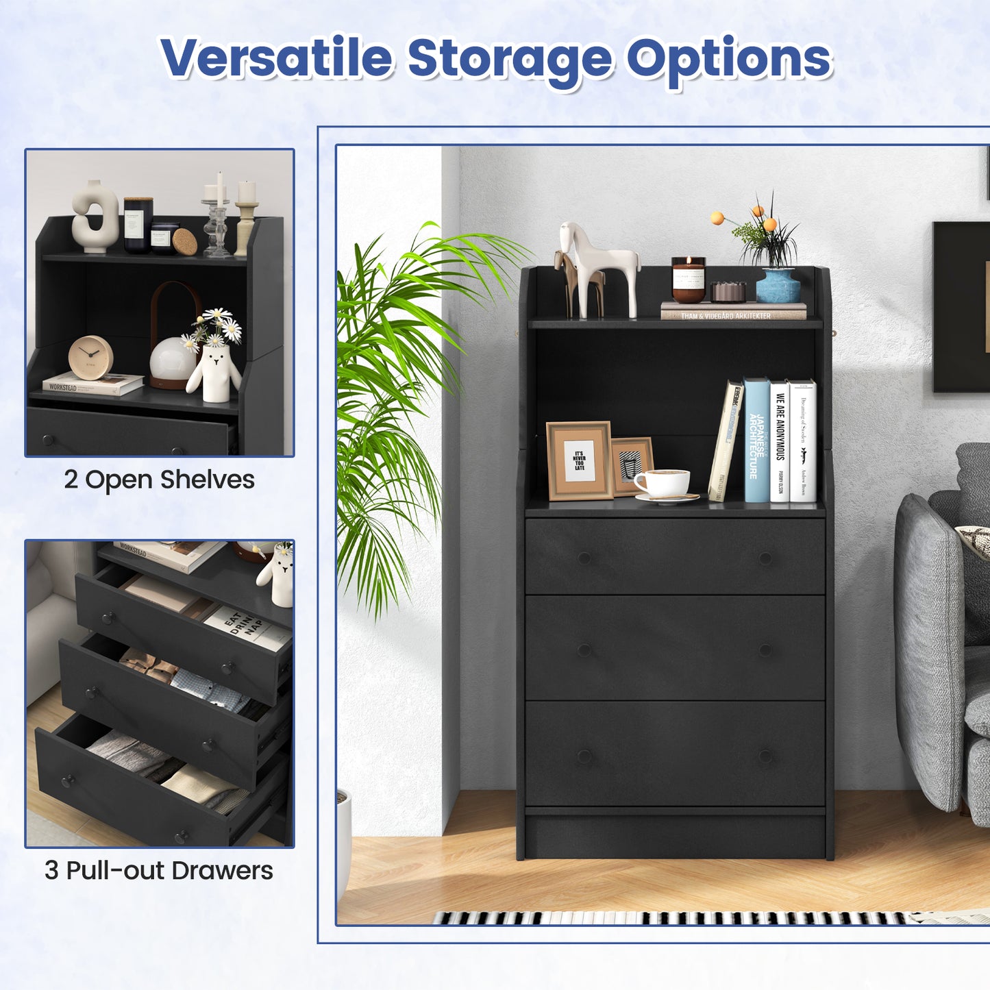 Tall 3 Drawer Storage Cabinet with Open Shelves and Anti-Tip Safety in Black