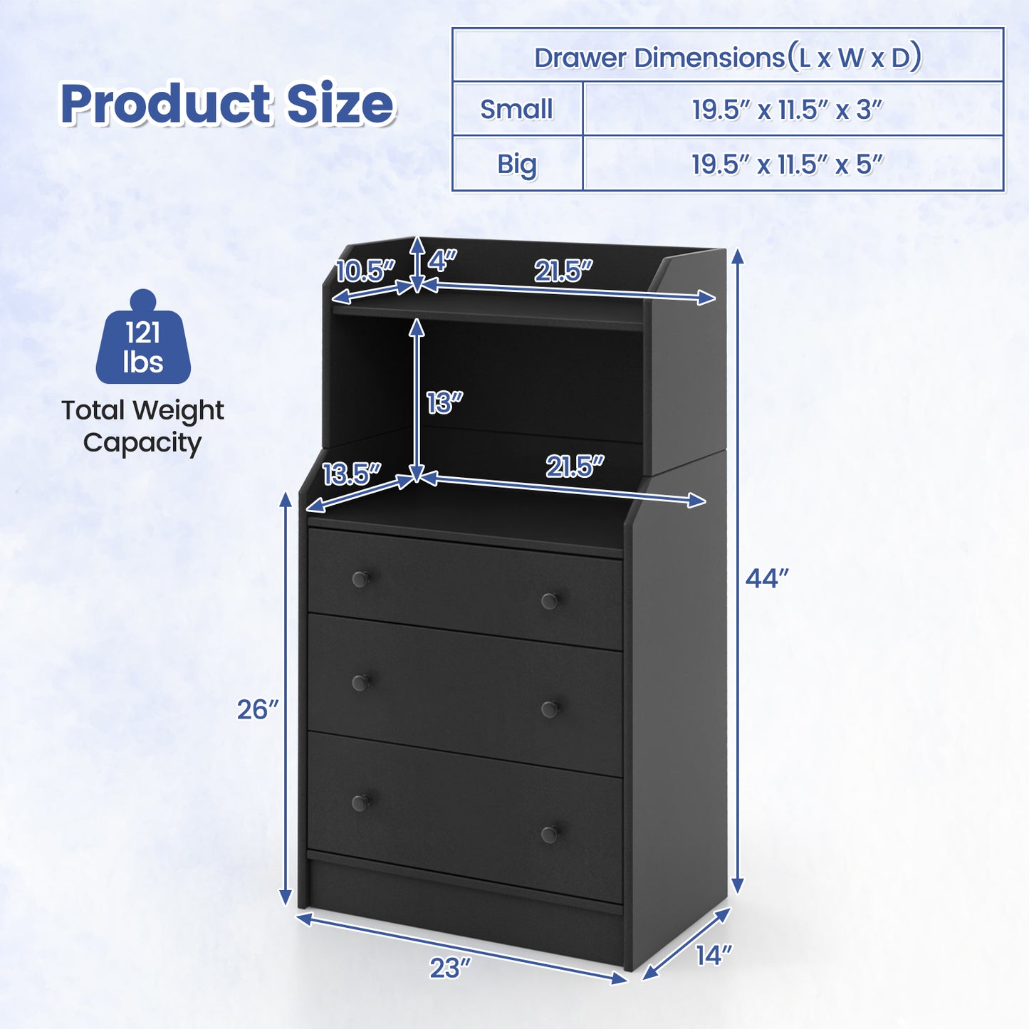 Tall 3 Drawer Storage Cabinet with Open Shelves and Anti-Tip Safety in Black