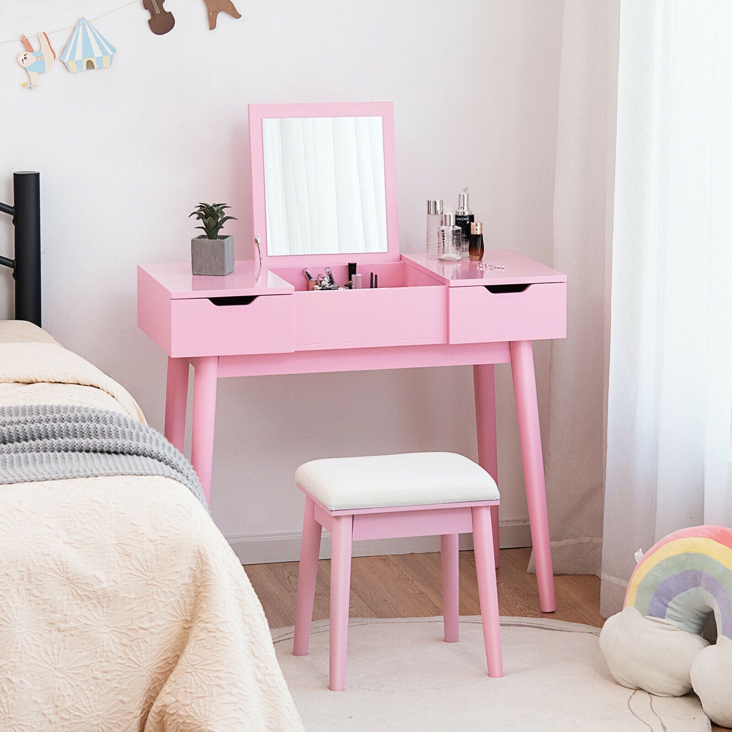 2-in-1 Makeup Vanity Desk with Flip Mirror, Storage Drawers, and Upholstered Stool – Pink
