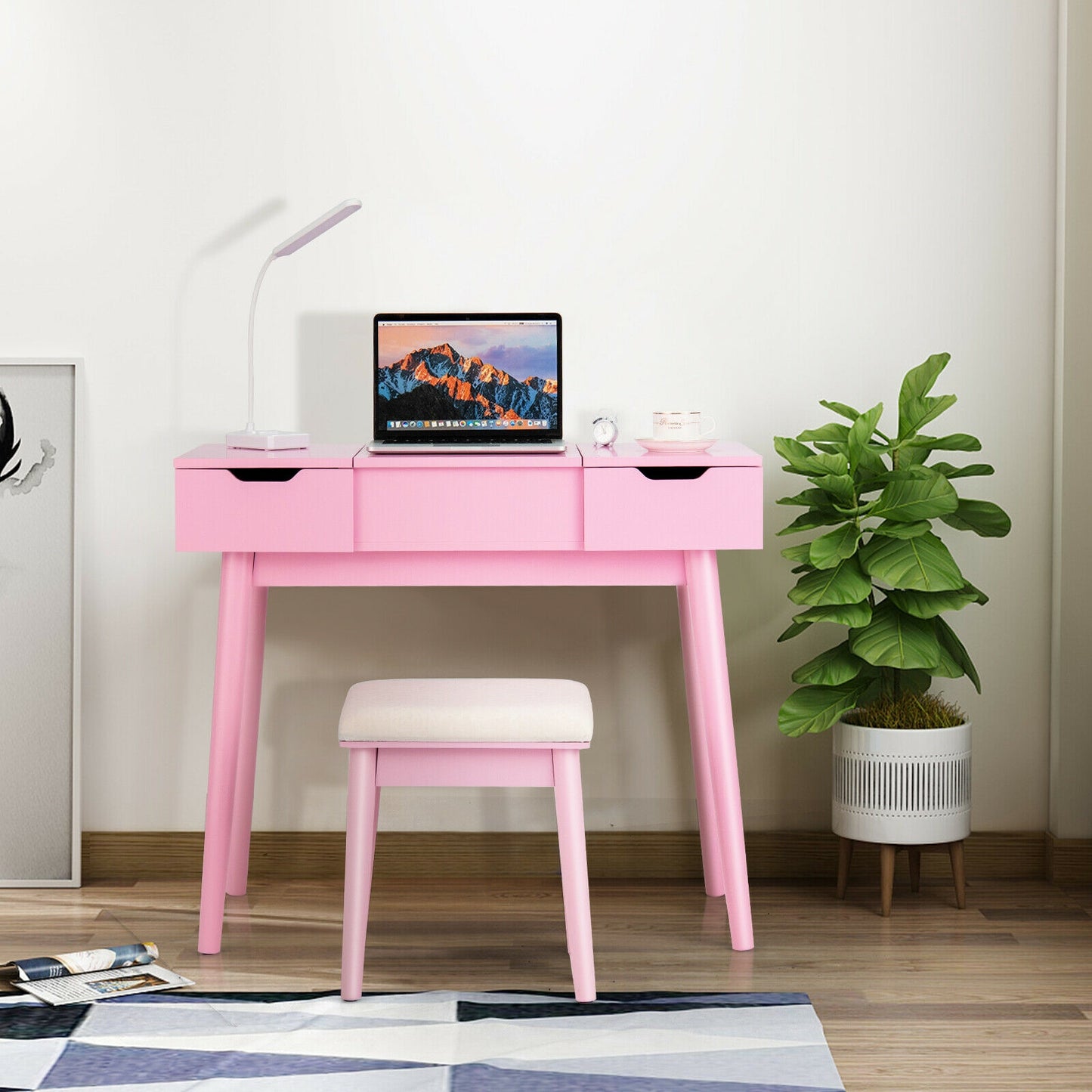 2-in-1 Makeup Vanity Desk with Flip Mirror, Storage Drawers, and Upholstered Stool – Pink
