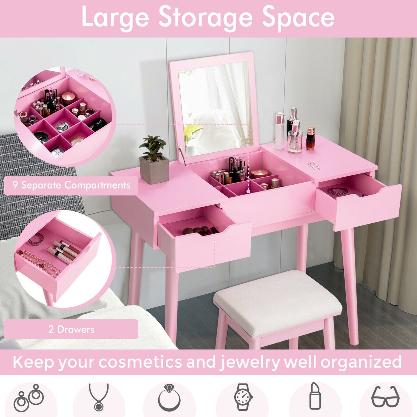2-in-1 Makeup Vanity Desk with Flip Mirror, Storage Drawers, and Upholstered Stool – Pink