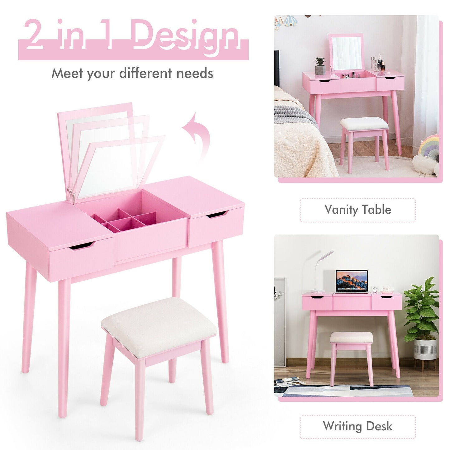 2-in-1 Makeup Vanity Desk with Flip Mirror, Storage Drawers, and Upholstered Stool – Pink