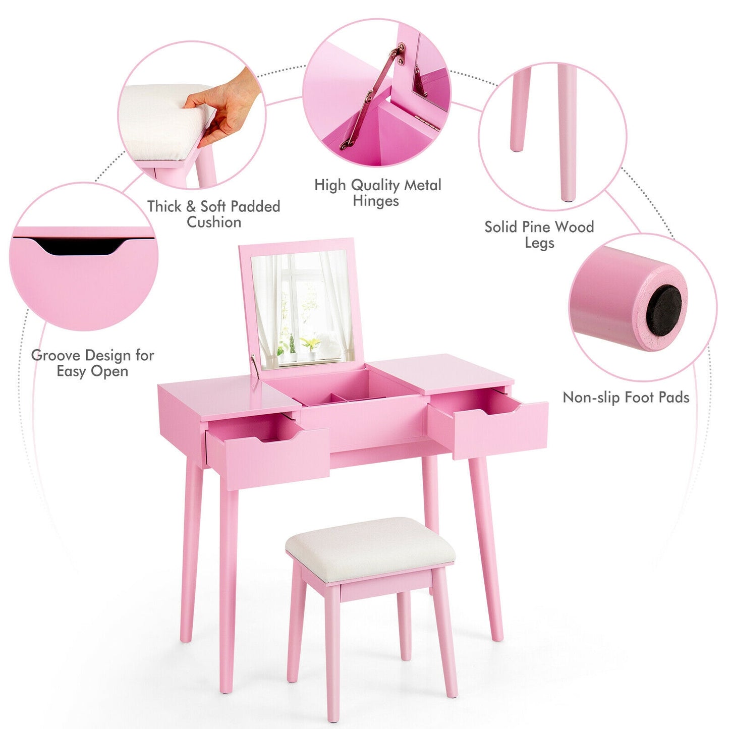 2-in-1 Makeup Vanity Desk with Flip Mirror, Storage Drawers, and Upholstered Stool – Pink