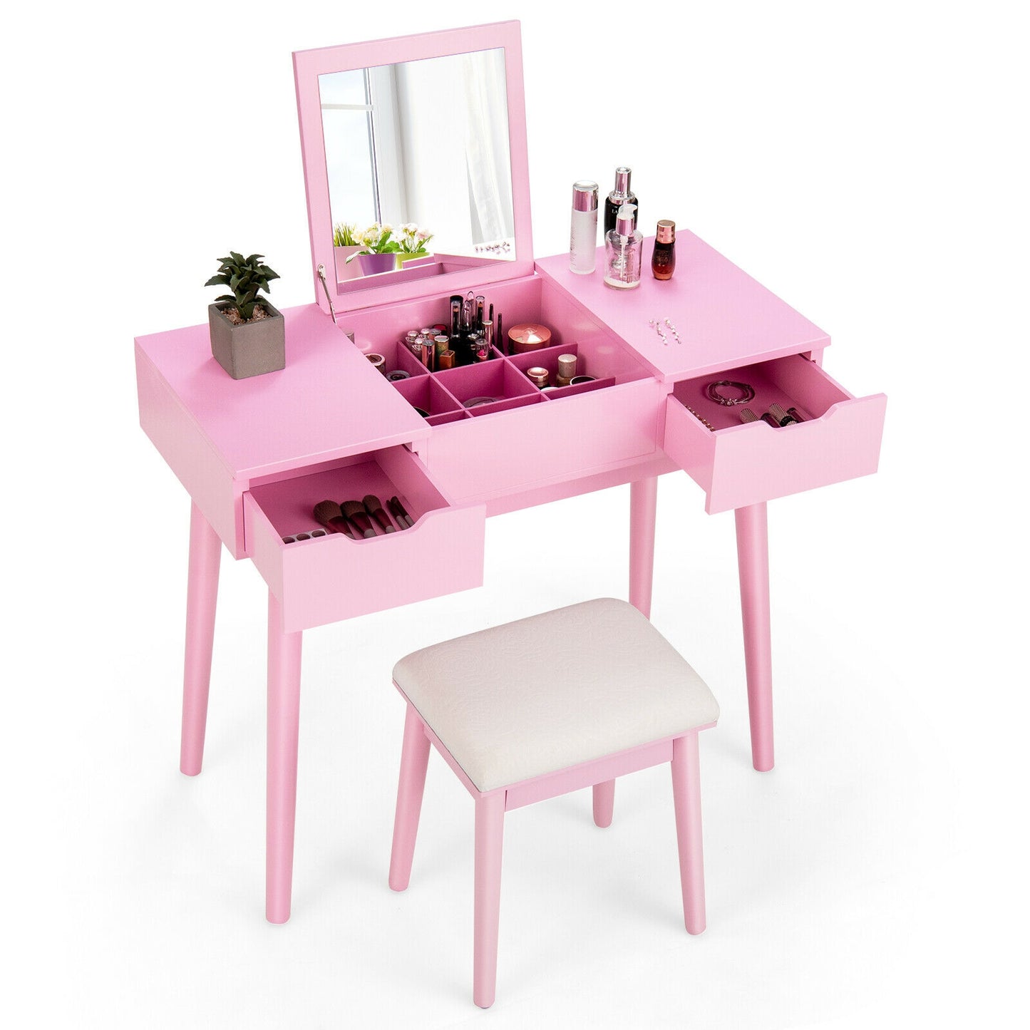 2-in-1 Makeup Vanity Desk with Flip Mirror, Storage Drawers, and Upholstered Stool – Pink