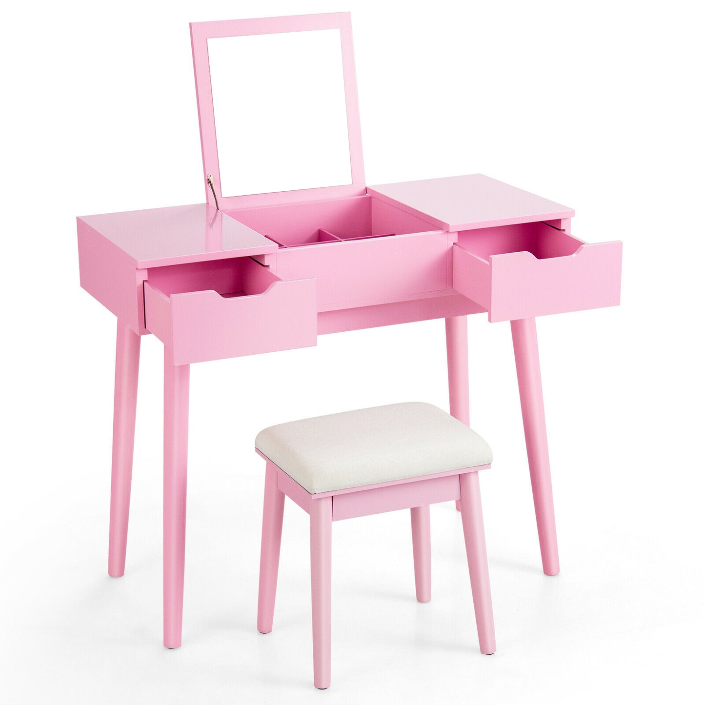 2-in-1 Makeup Vanity Desk with Flip Mirror, Storage Drawers, and Upholstered Stool – Pink