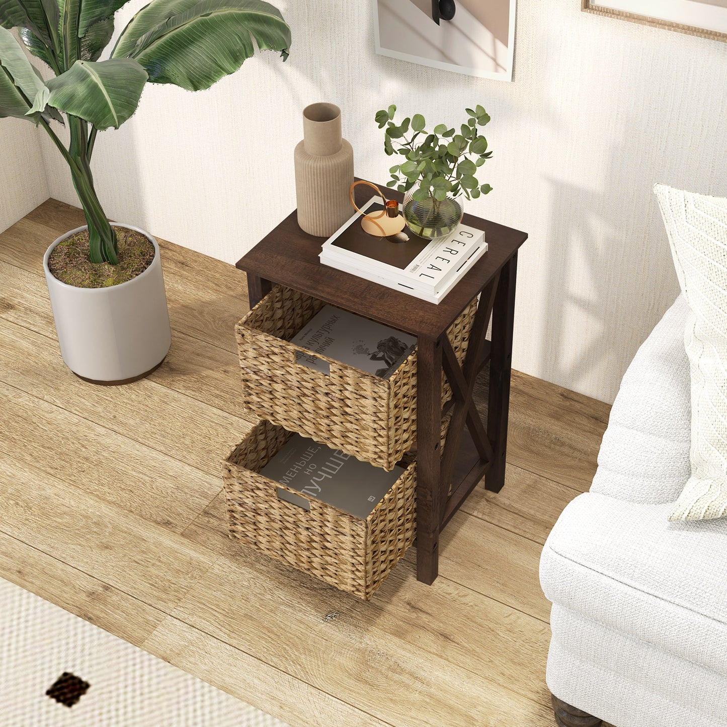 2 Tier Nightstand with Seagrass Baskets and X Design Frame