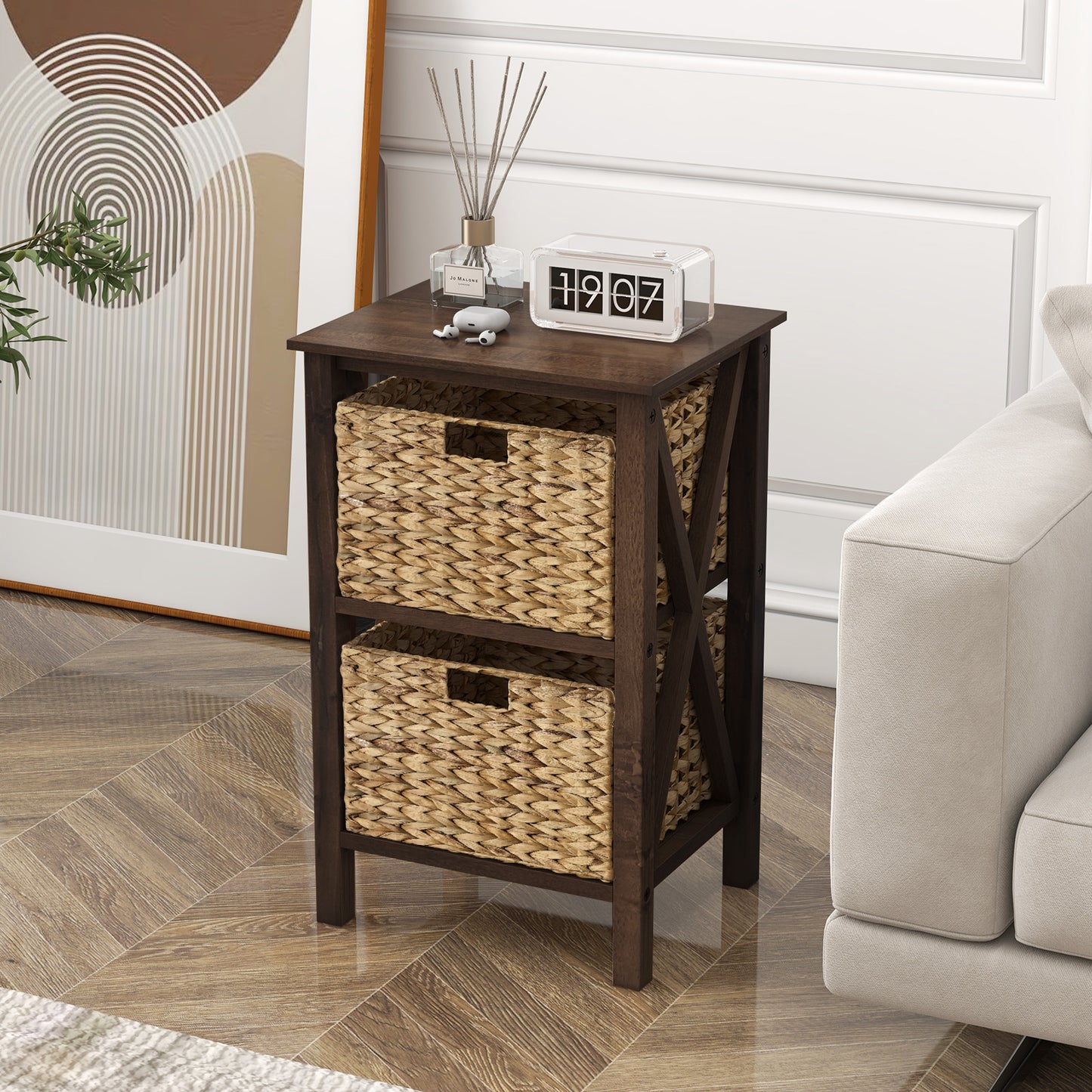 2 Tier Nightstand with Seagrass Baskets and X Design Frame