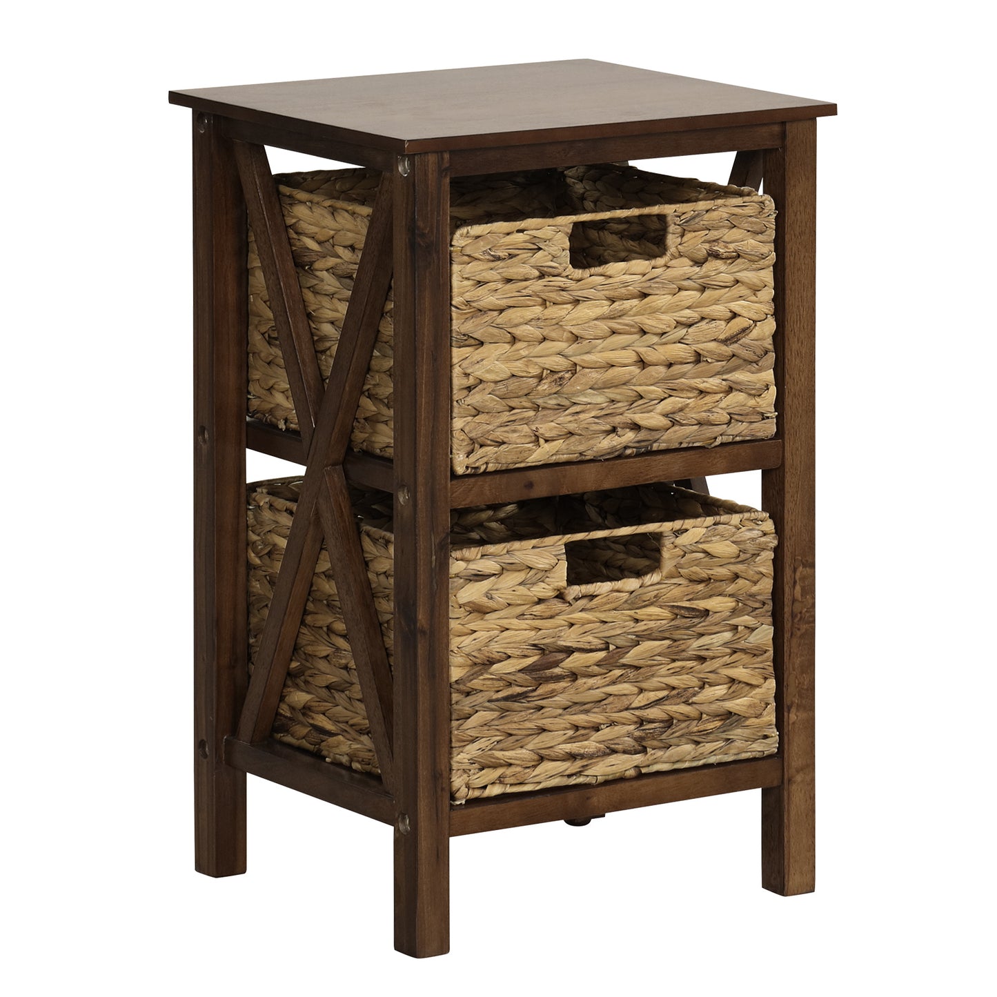 2 Tier Nightstand with Seagrass Baskets and X Design Frame