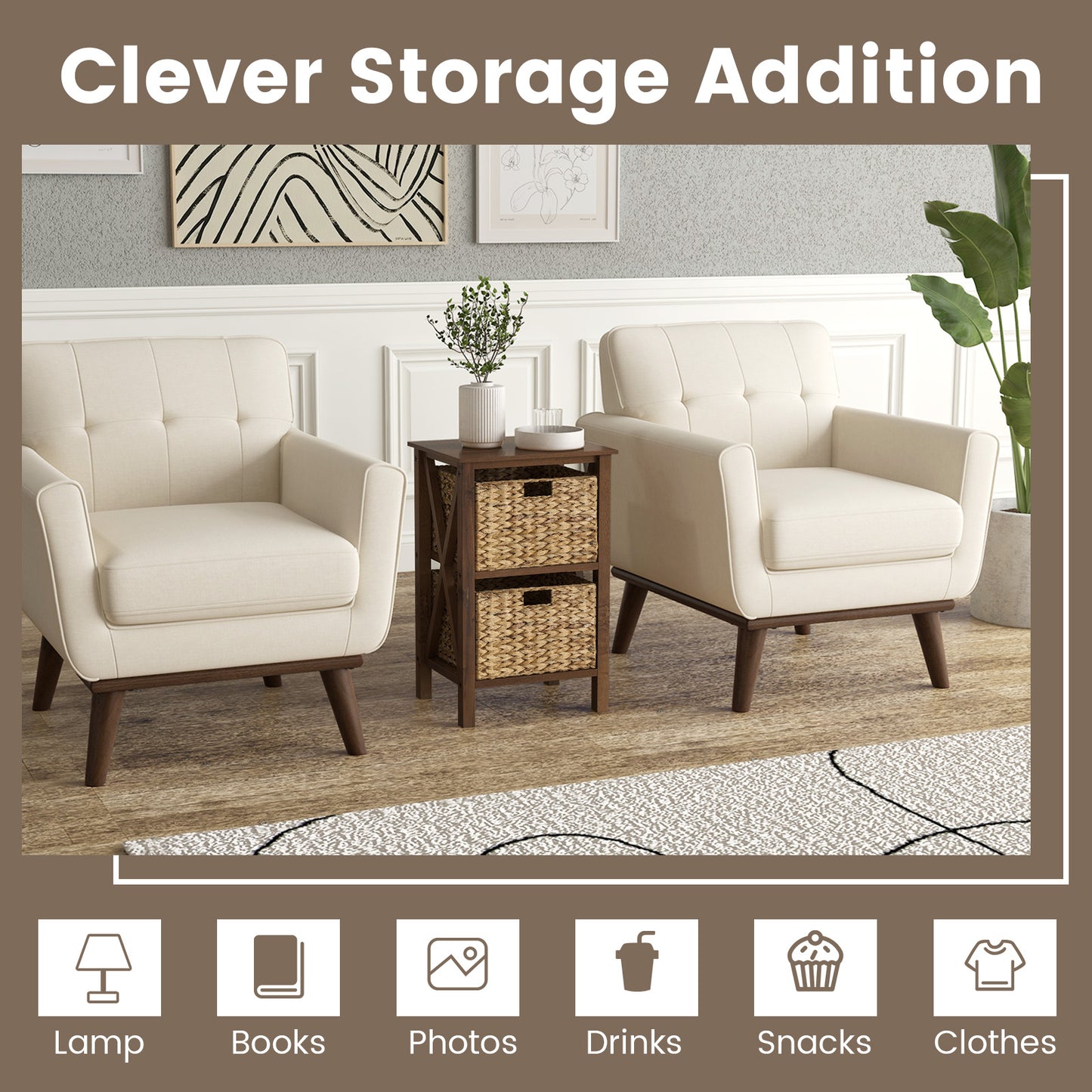 2 Tier Nightstand with Seagrass Baskets and X Design Frame